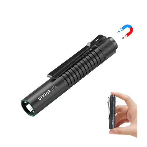 VTIGER T1A Mini Pocket EDC Flashlight, 1300 Lumen, Rechargeable LED, Black Aluminum, Compact with Clip and Magnet for Outdoor Use