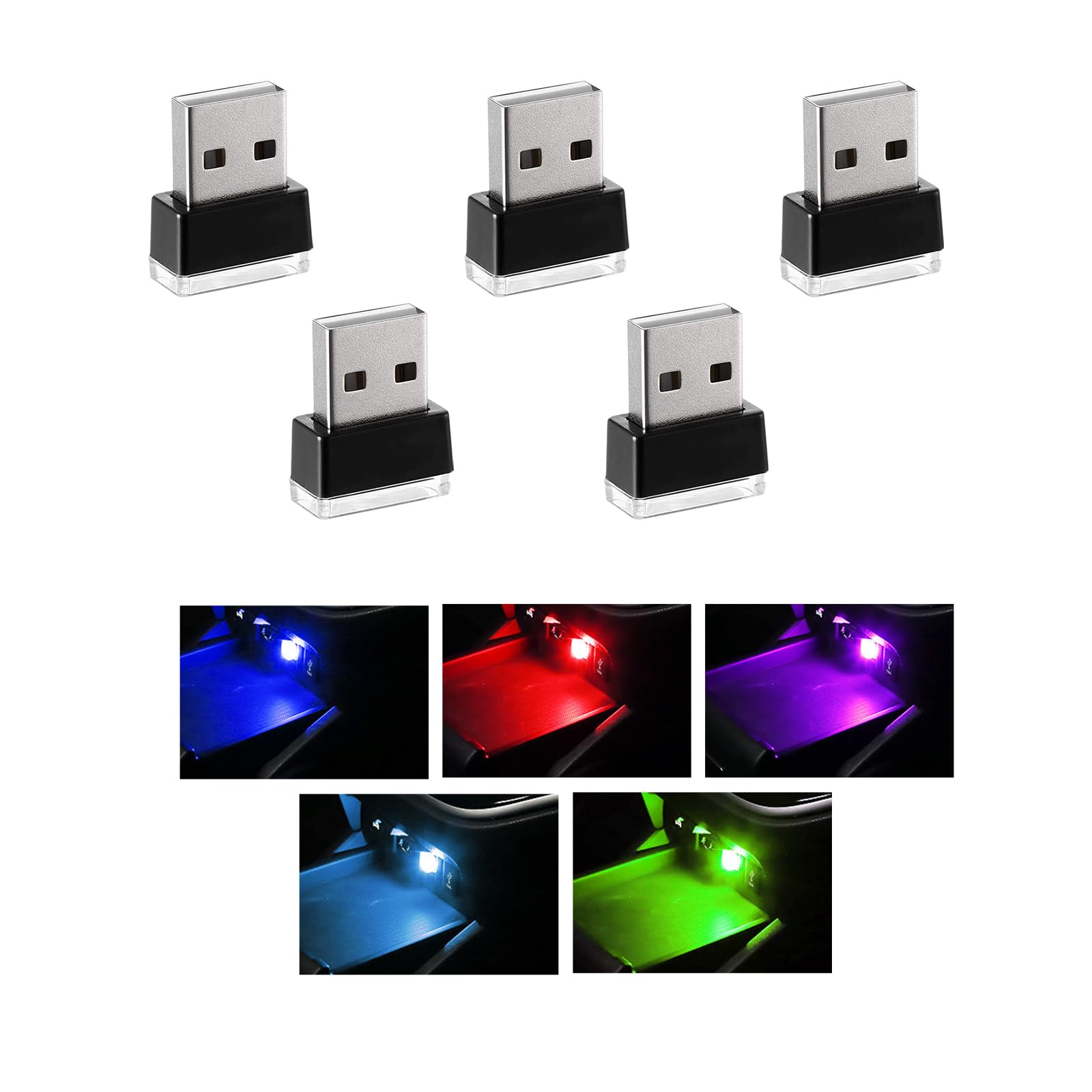 Sylvil 5 Pcs Usb Led Car Interior Atmosphere Lamp  Portable Mini Led Night Light  Plug-In Usb Interface Trunk Ambient Lighting Kit  Universal Interior Car Accessories (Blue+Red+Ice Blue+Green+Purple)