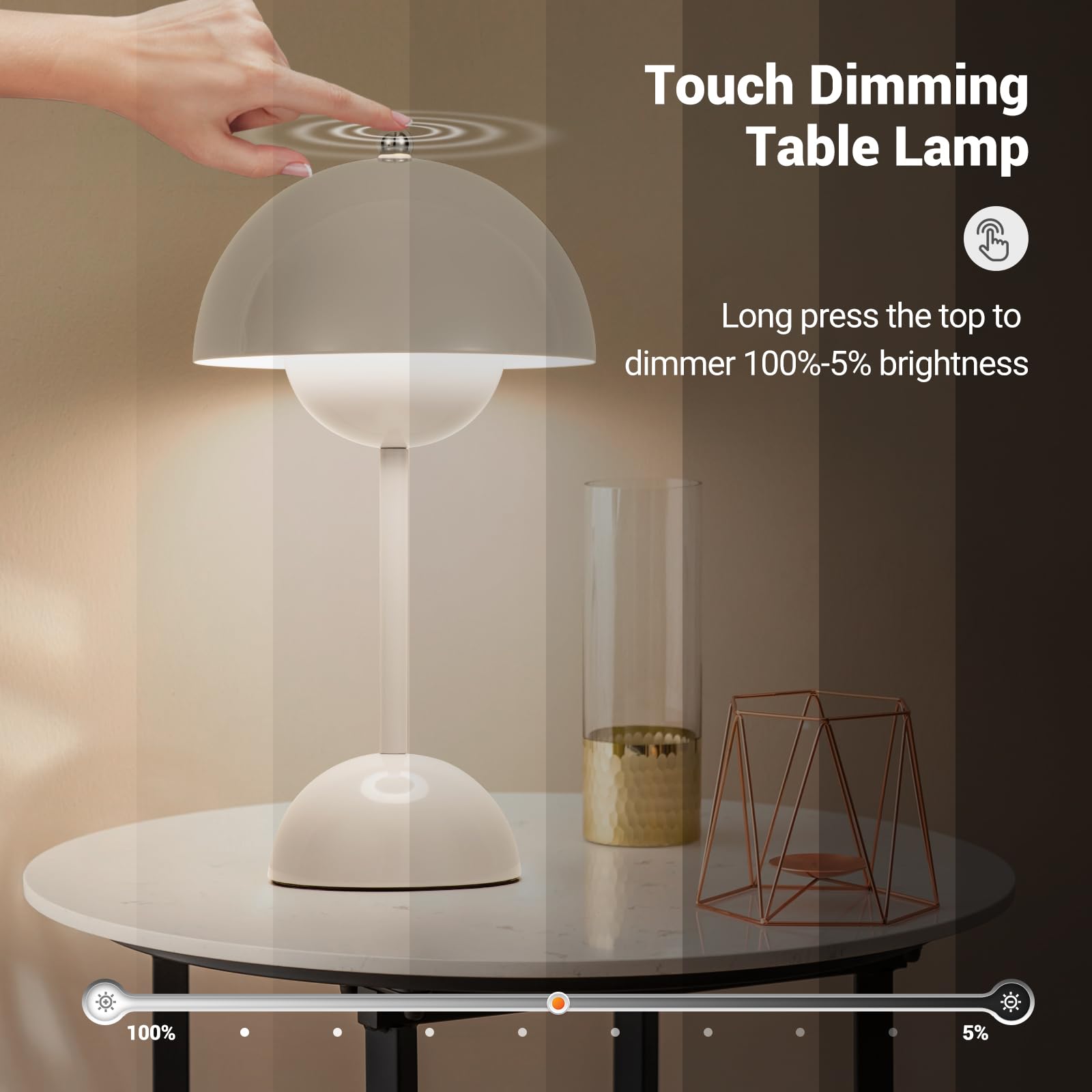 Zoopeen Modern Flowerpot Cordless Table Lamp,5200Mah Rechargeable Battery Operated Mushroom Light,3 Color Stepless Dimmable,Portable Bedside Led Desk Lamp,Perfect For Bedroom/Restaurant(White)