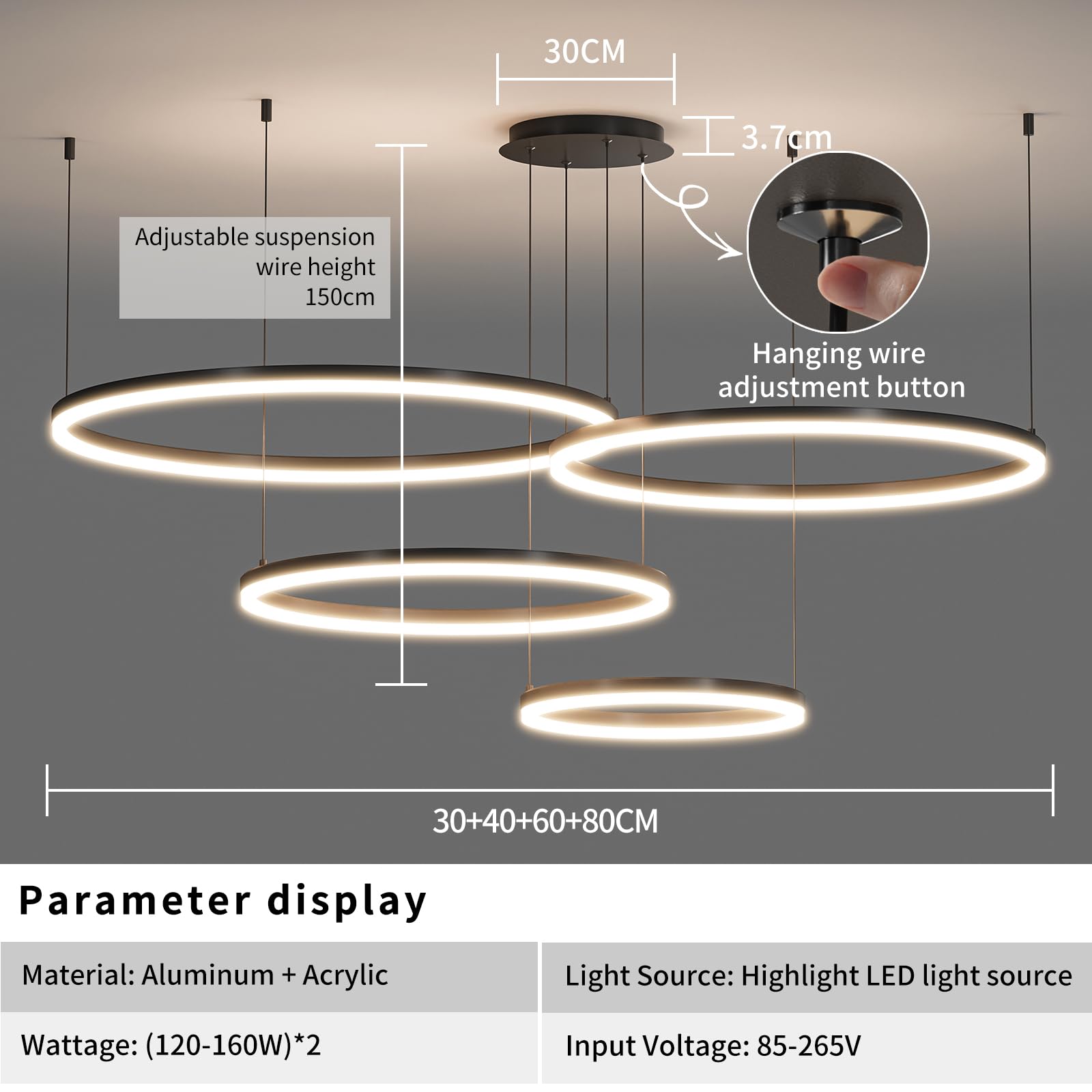 Matven Modern Ceiling Chandelier Light, Remote Control, Dimmable, 11.8x15.7x23.6in, Black, Model KD-YX