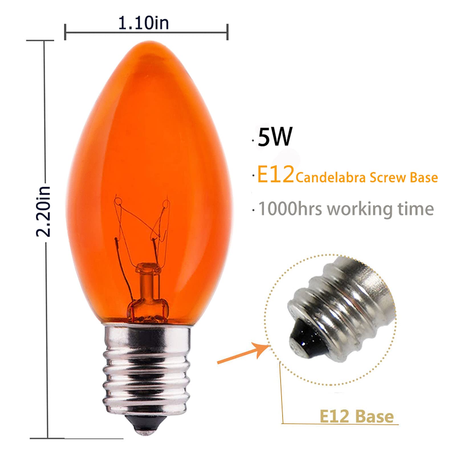 SUNSGNE C7 Orange Light Bulbs, 25 Pack, Clear Orange Incandescent, E12 Candelabra Base, 5 Watts