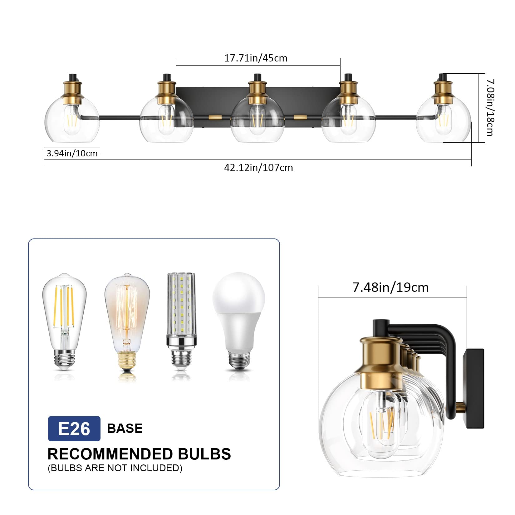 Tipace Vintage Vanity Light Fixture, 5-Light Industrial Bathroom Lighting, Metal, Black & Gold, Model L-7493-1