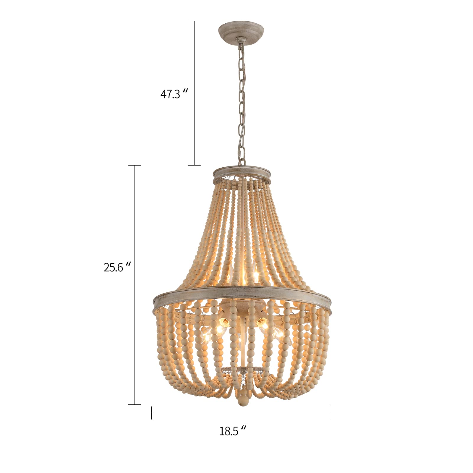 Q&S Farmhouse Wood Beaded Chandelier, 8-Light Rustic Pendant Light Fixture, Oak White, UL Listed, Medium Size for Living Room, Dining Room, Office