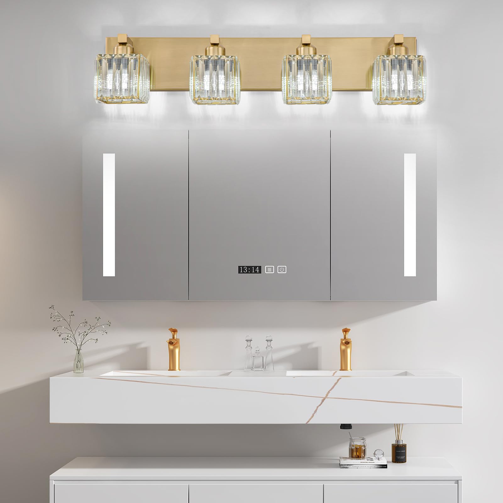 Huoku Gold Crystal Bathroom Vanity Lights, 4 Lights Bathroom Lighting Fixtures Over Mirror Modern Gold Crystal Bathroom Wall Lig