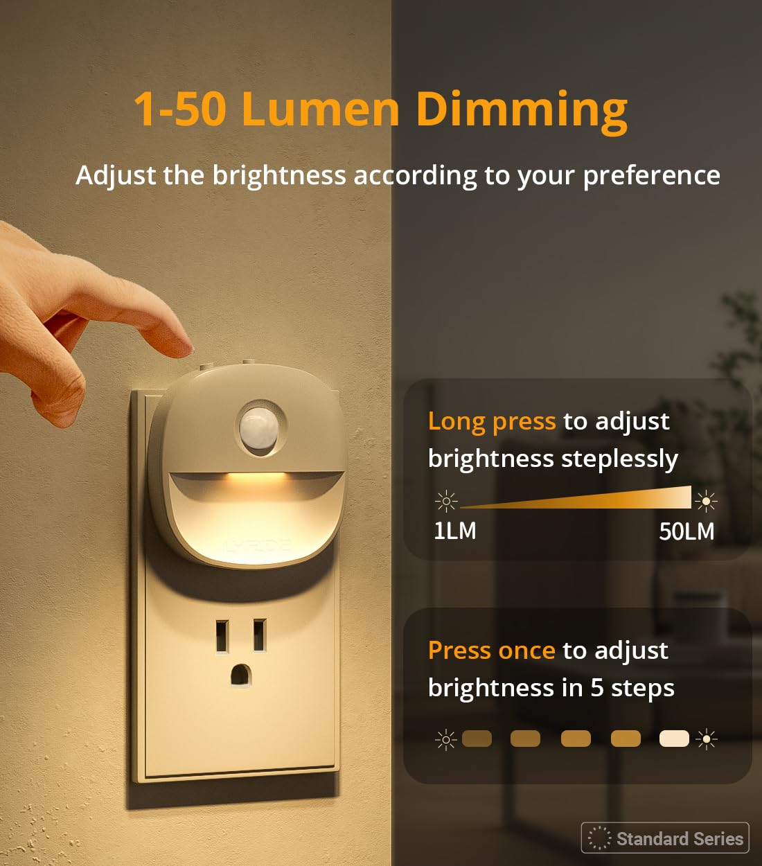 Lyridz Plug-in Night Light with Motion Sensor, Dimmable Warm White, 1-50lm Brightness, 2 Pack, Model A5101