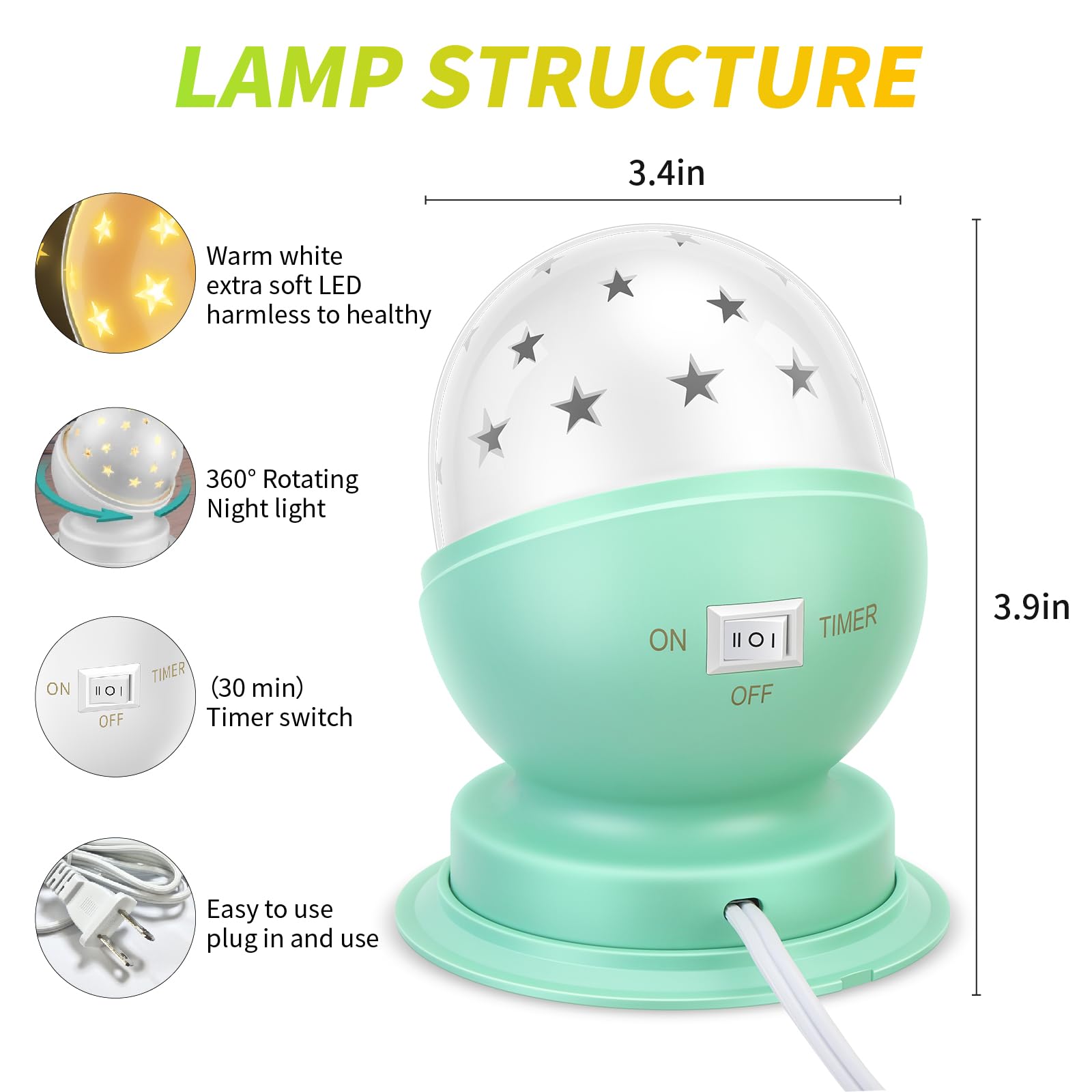 Toyunia Star Night Light For Kids Star Night Light For Kids Bedroom Girls Night Light Starry Night Light Projector Plug In Night Light For Kids With Timer (1 Pack, 3000K Warm White,Green)