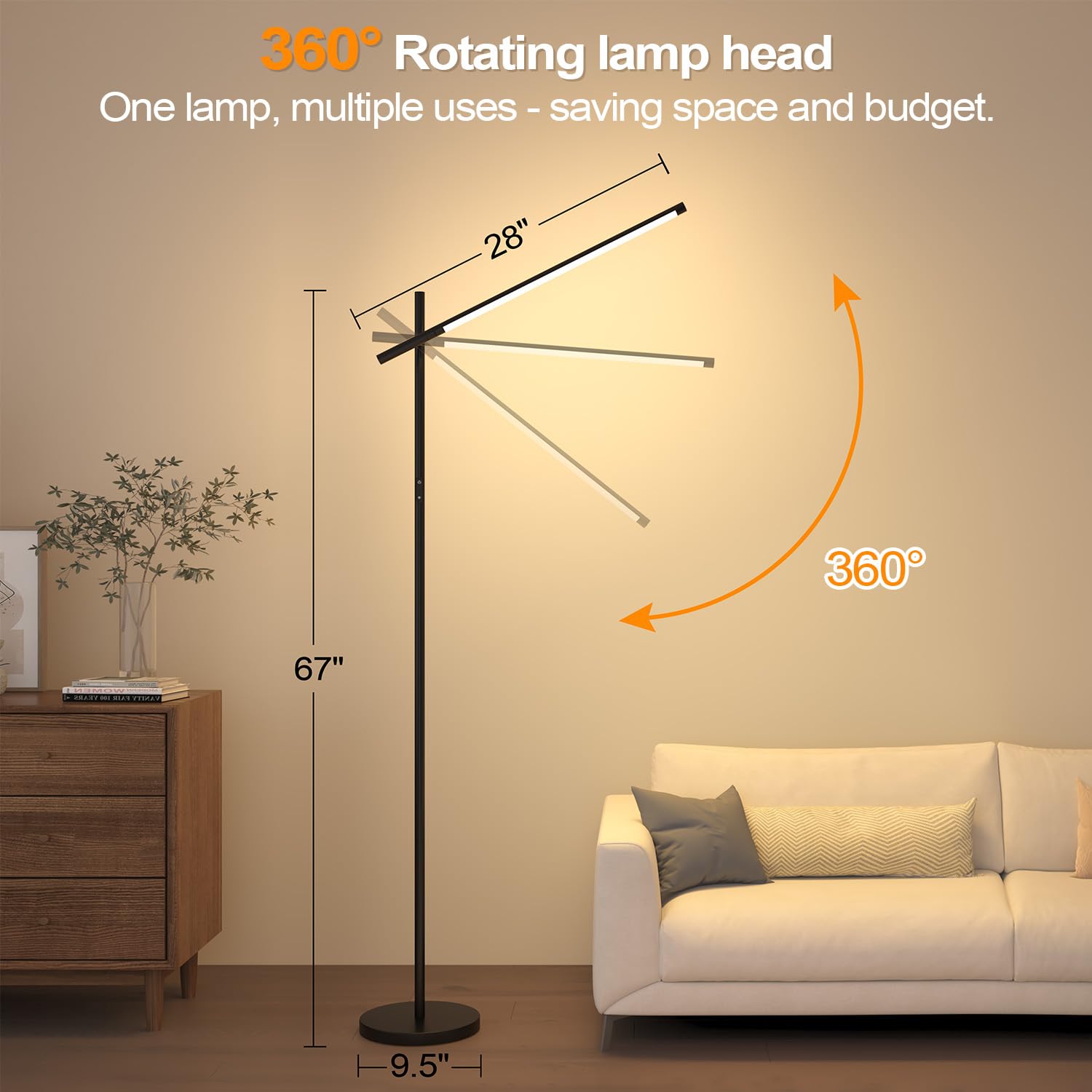 Nintiue LED Corner Floor Lamp, 360° Rotating Head, Dimmable 1800LM, 67" Tall, Black, Model F230072P1