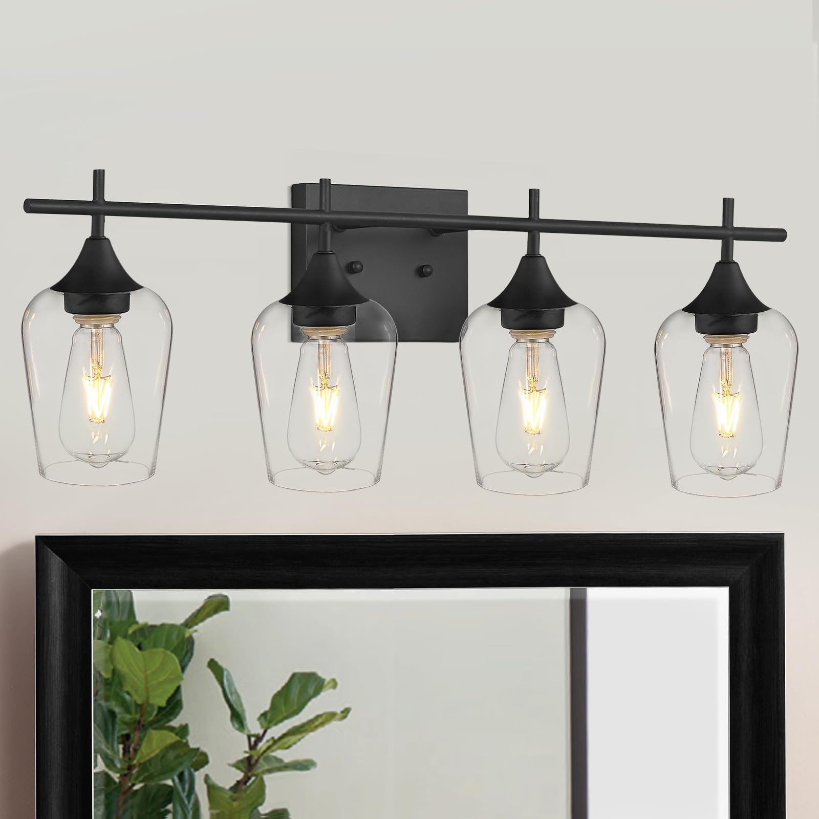 Osimir 4-Light Bathroom Vanity Light, Black Modern Wall Sconce with Clear Glass, 24 Inch, Model WL9167-4B