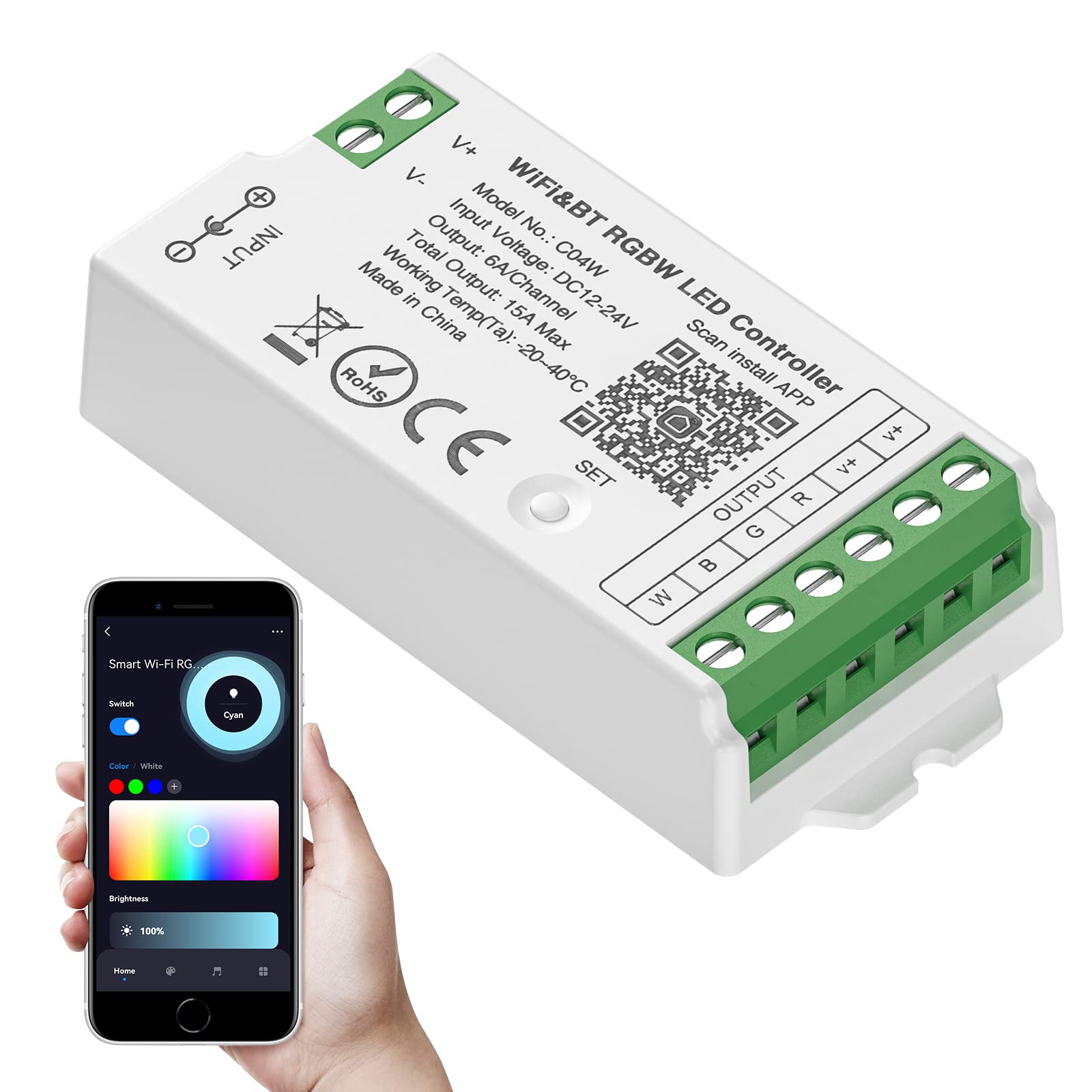 SEZO RGBW WiFi Bluetooth LED Strip Controller, Model M1C04W, Group Control, Tuya Smart Life APP Compatible, DC12-24V