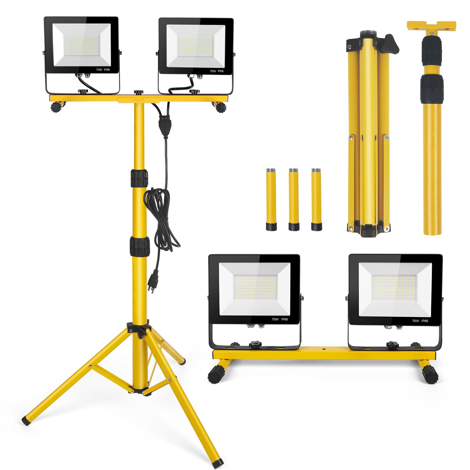 14000Lumen Led Work Lights With Stand - 2 Head Portable Work Light On Stand - Ip66 Waterproof Tripod Worklights For Outdoor Indoor Job Site Workshop Garage Construction Site Lighting