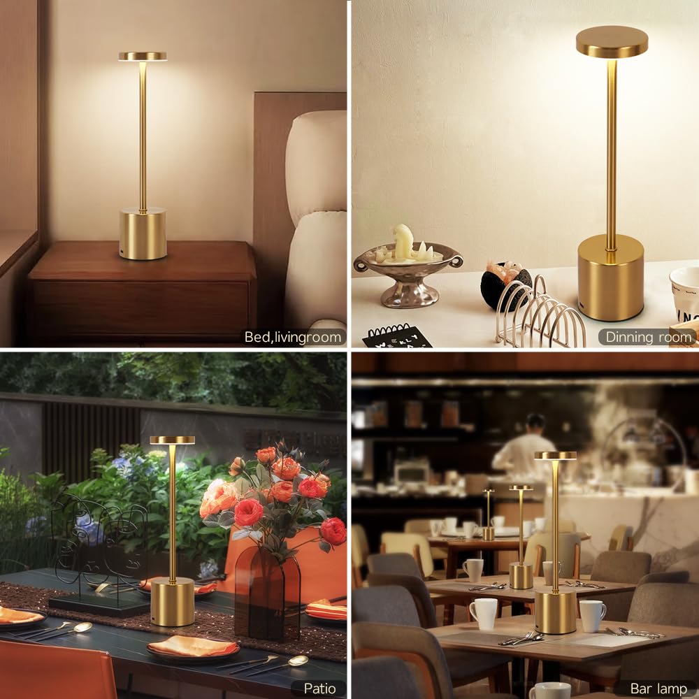 Xih 2 Pack Led Rechargeable Cordless Table Lamps Portable Outdoor 5000 Mah Battery Operated Table Light Touch Control 3 Color Dimmable Touch Lamp For Patio/Cofee/Restaurant/Camping/Dining/Bedroom-Gold