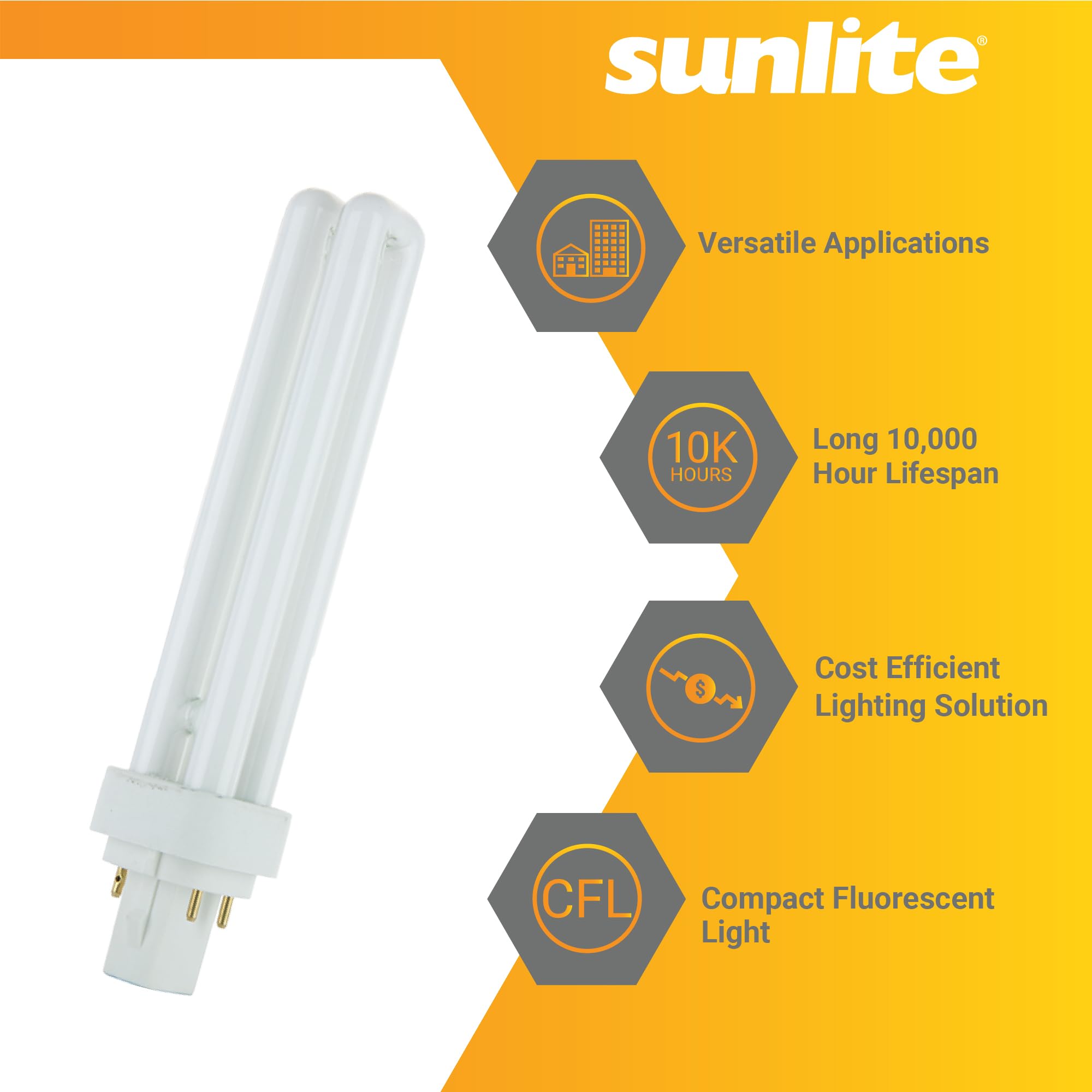Sunlite Compact Fluorescent PLD 4 Pin Double U-Shaped Twin Tube Light Bulb, 26 Watts, 120 Volts, 4 PinG24q3 Base, 1560 Lumens, 5