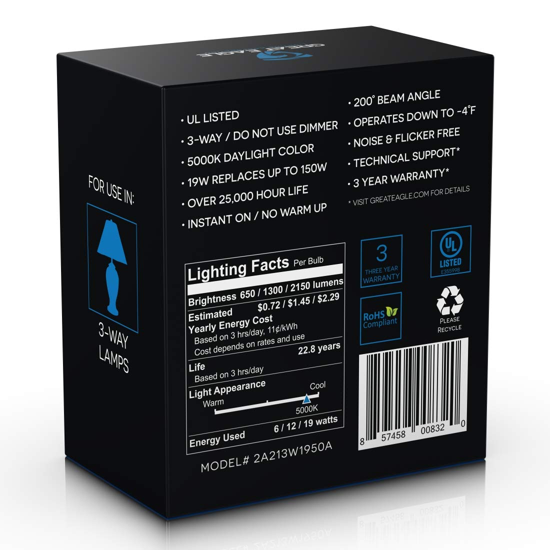 Great Eagle 50/100/150W Equivalent 3-Way A21 Led Light Bulb 5000K Daylight Color (2-Pack)
