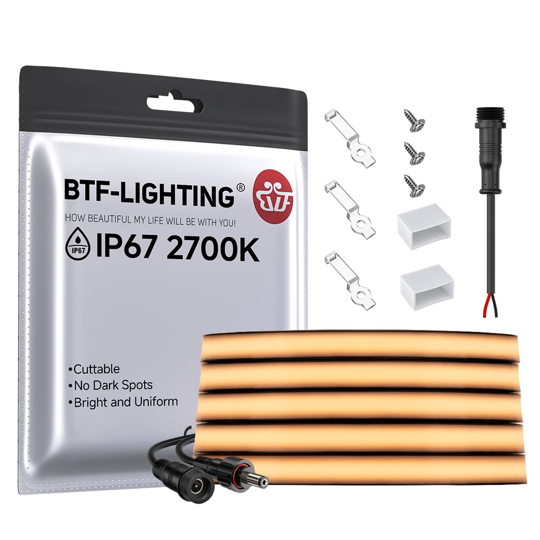 BTF-LIGHTING FCOB COB LED Strip, 16.4FT DC24V, IP67 Waterproof, Warm White 2700K, High Density Silicone Neon Light