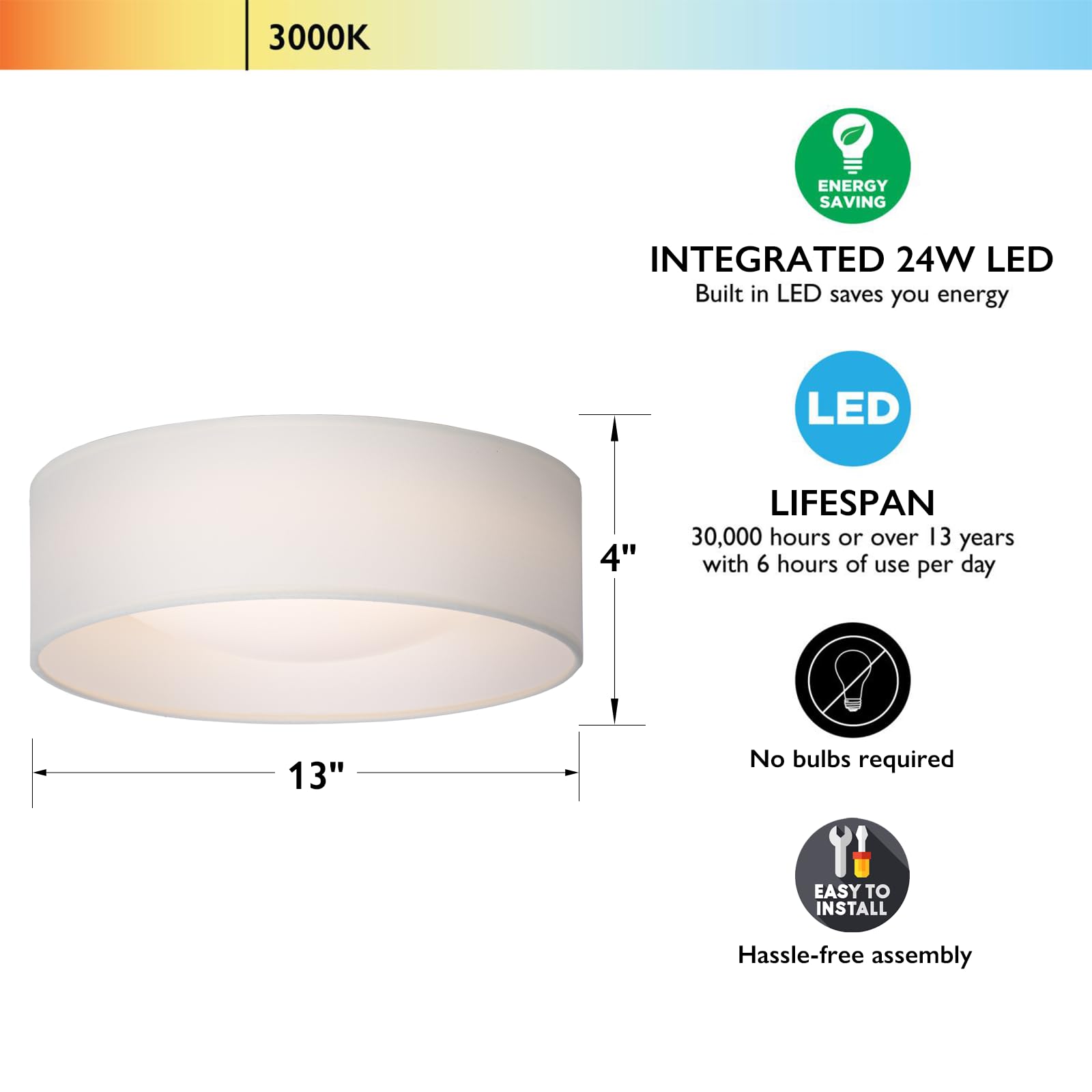 Calokes 13" White Fabric Flush Mount Ceiling Light, 24W 3000K Led Closed To Ceiling Light Fixture With Classic Linen Drum Design For Bedrooms, Kitchen, Dining Room, Hallway
