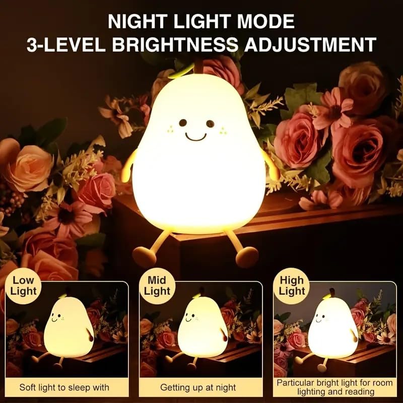 Night Light Cute Tangerine Led Squishy Novelty Animal Night Lamp Dimmable Soft Silicone Nursery Nightlight For Kids  Rechargeable Bedroom Touch Lamp  Dorm Decor  Baby Boys Girls Gift (Pear)