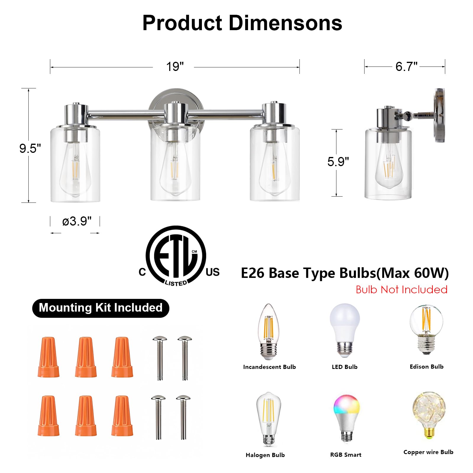 ALAISLYC Chrome 3 Light Bathroom Wall Sconce with Clear Glass Shades for Vanity E26 Base