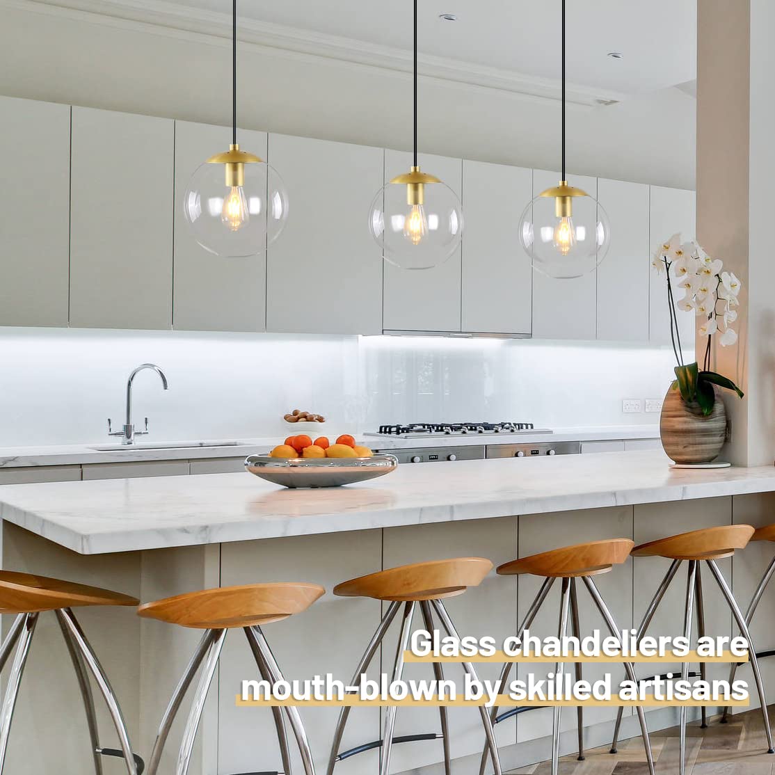 Koko&Yukina Globe Pendant Lighting For Kitchen Island Mid Century Modern Hanging Light Fixture With Clear Globe Glass Gold Brass
