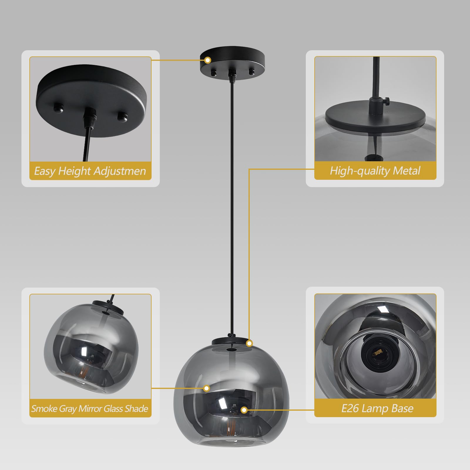 LBSQJ Glass Pendant Lights 2 Pack, 7.87" Smoke Gray Globe, Modern Black Hanging Fixture for Kitchen Island, Bedroom, Dining Room