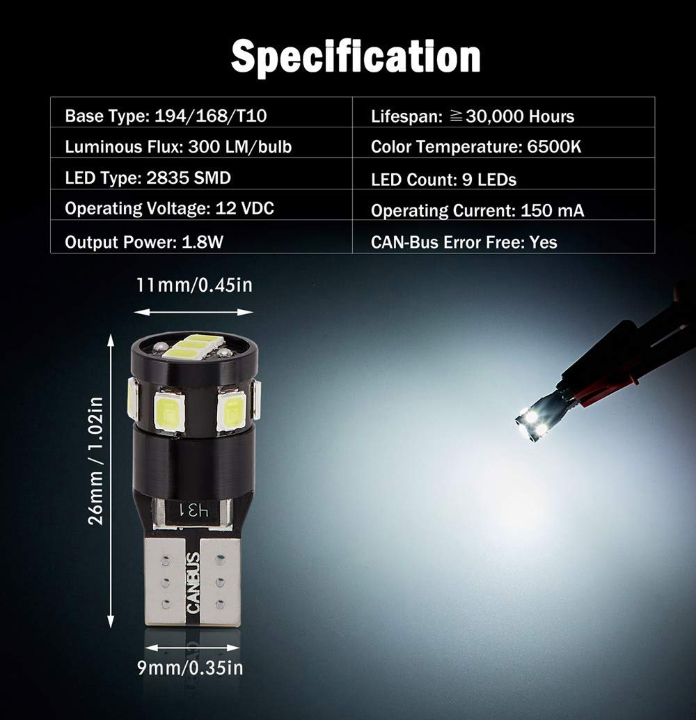 BRISHINE 194 LED Bulbs 300LM 6000K Xenon White 9-SMD 2835 Model BRI-194W-4P Pack of 4