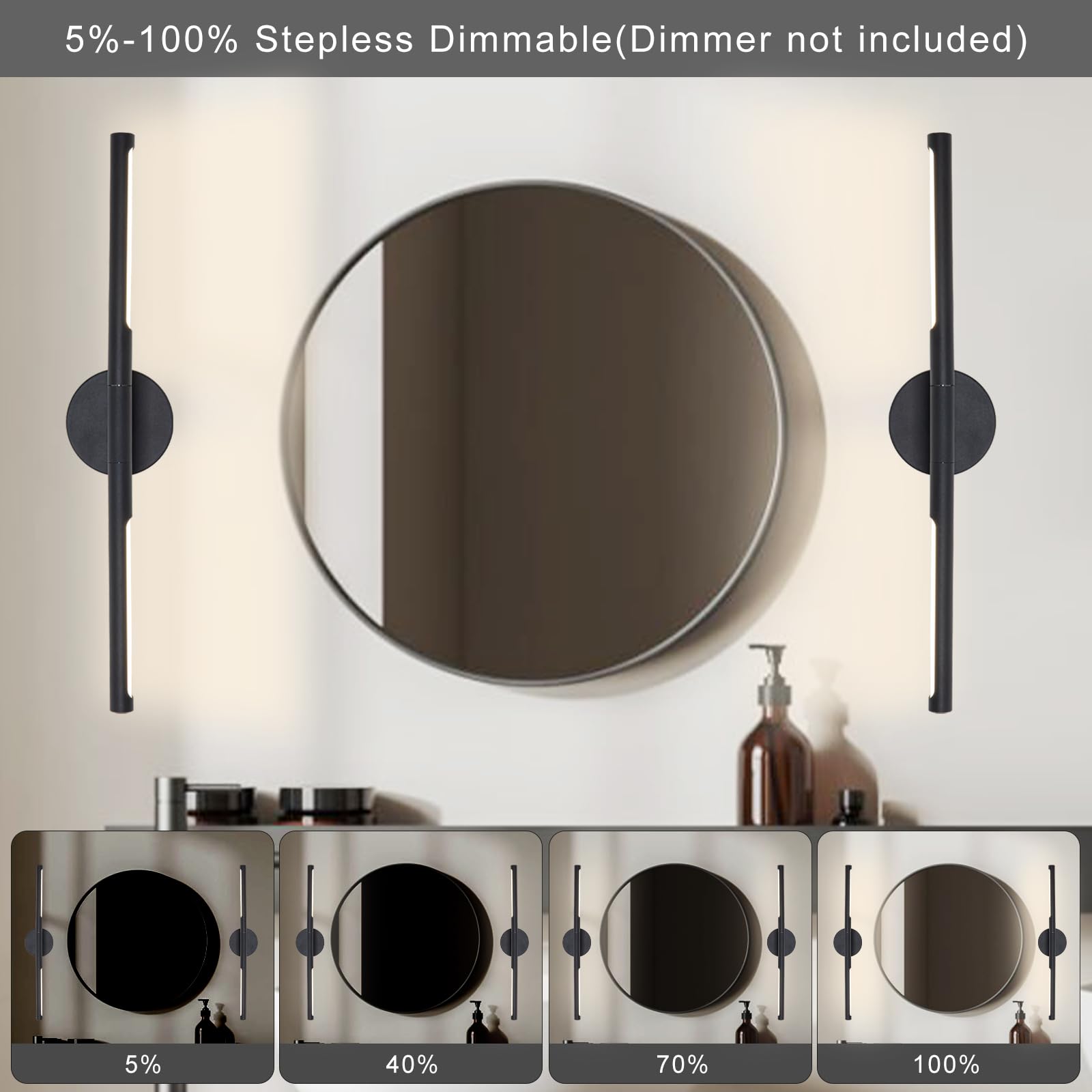 LINSEEDS Bathroom Light Fixtures, 24 Inch, 18W Dimmable LED, 4000K, Matte Black, Model RD-7516-2-BK