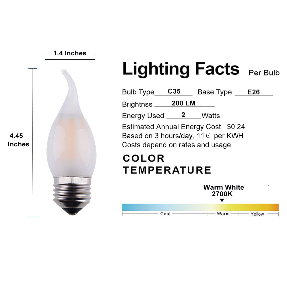 Opalray 2W Dimmable Led Candelabra Bulb, E26 Base, Warm White 2700K,