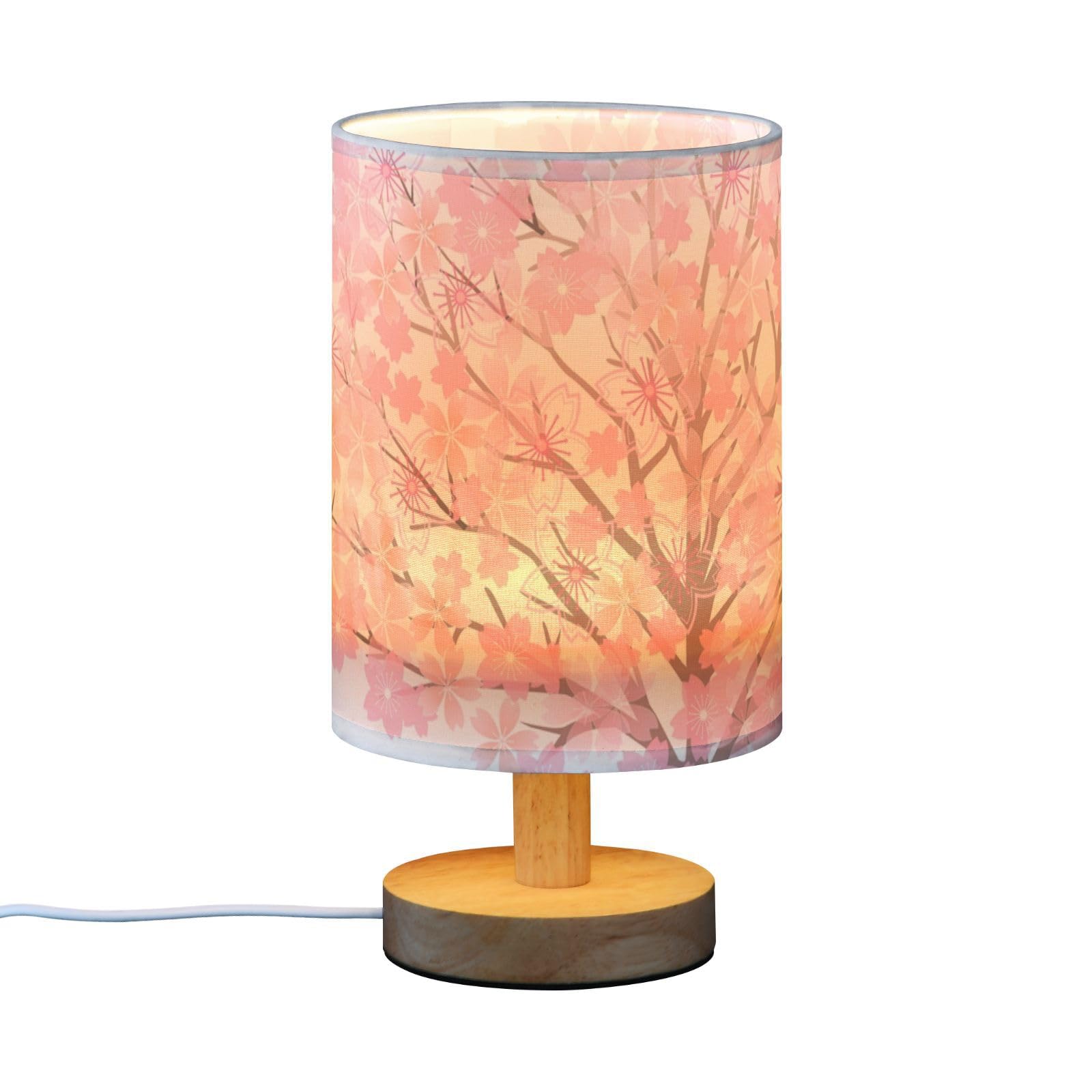 Yyzzh Table Lamp Pink Cherry Blossom Tree Spring Flower Nightstand Lamp With Wood Base Fabric Lamp Shade Bedside Desk Lamp For L