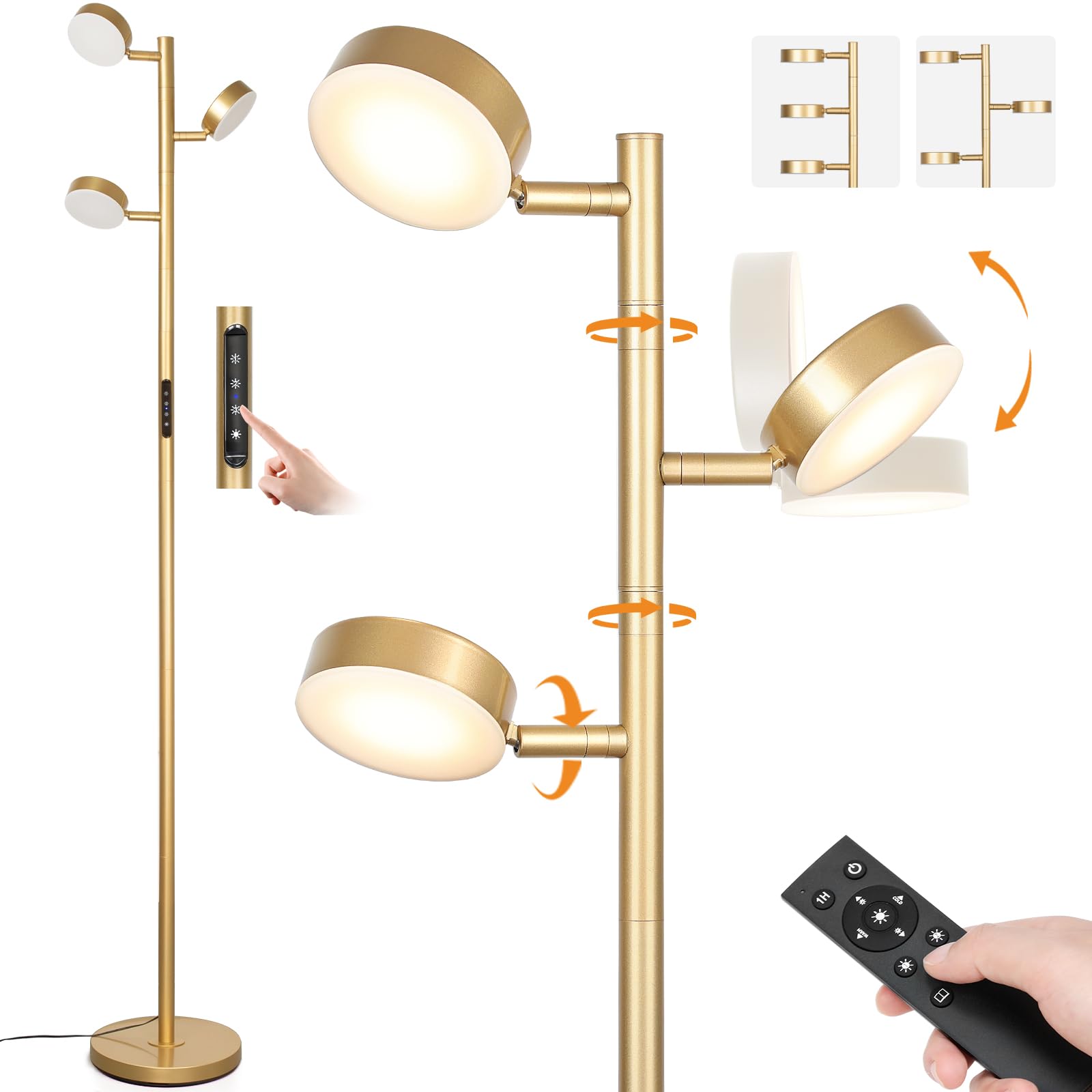 Junnai Gold Floor Lamp For Living Room, Modern Standing Lamp With Remote & Touch Control, 4 Color Temperatures, Dimmable Led Tree Floor Lamps With 3 Adjustable Lights For Reading Bedroom Office