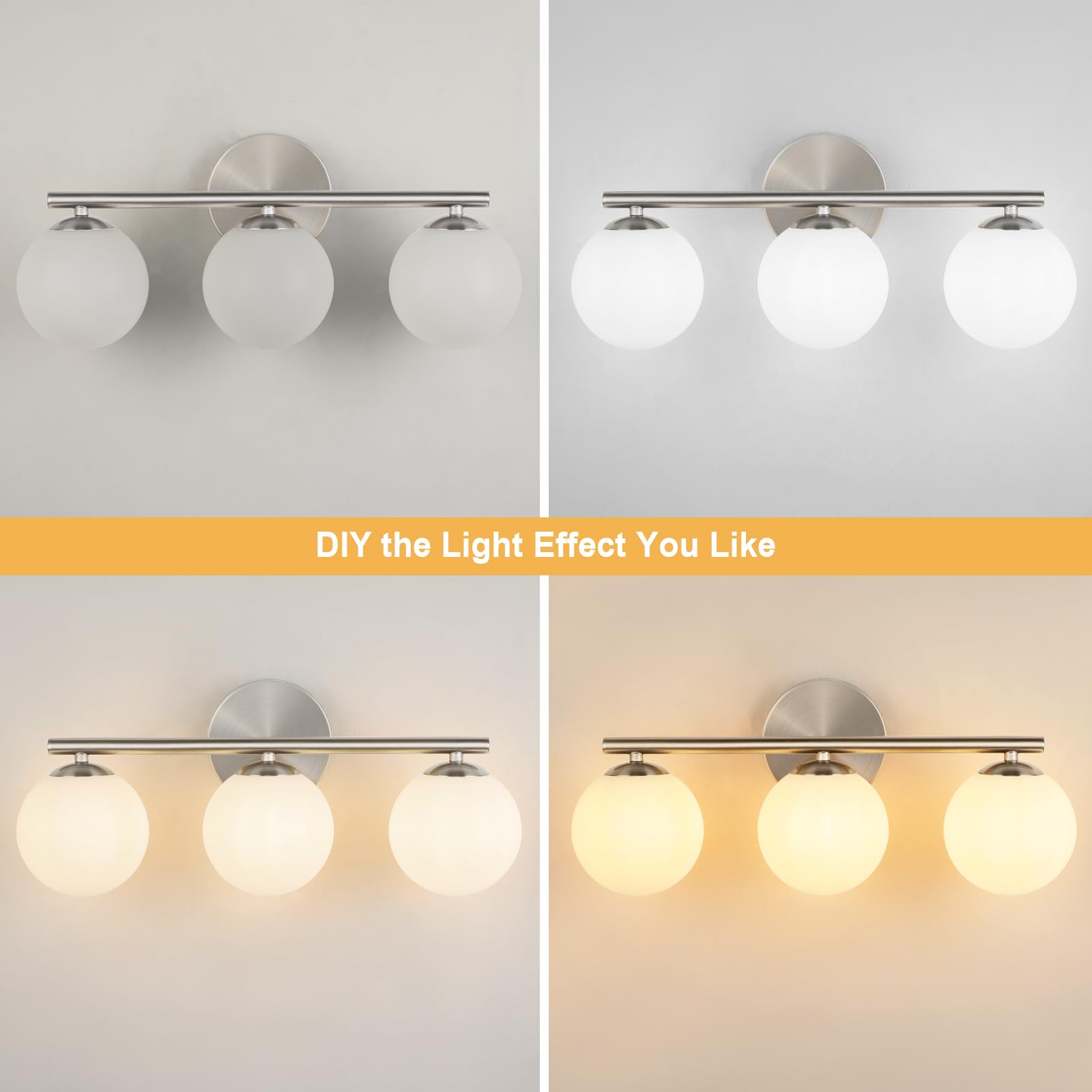 foucasal 3-Light Brushed Nickel Bathroom Vanity Light Fixture - 11.81" Globe Shades, Metal and Plastic, Model ULYQBD47-3C