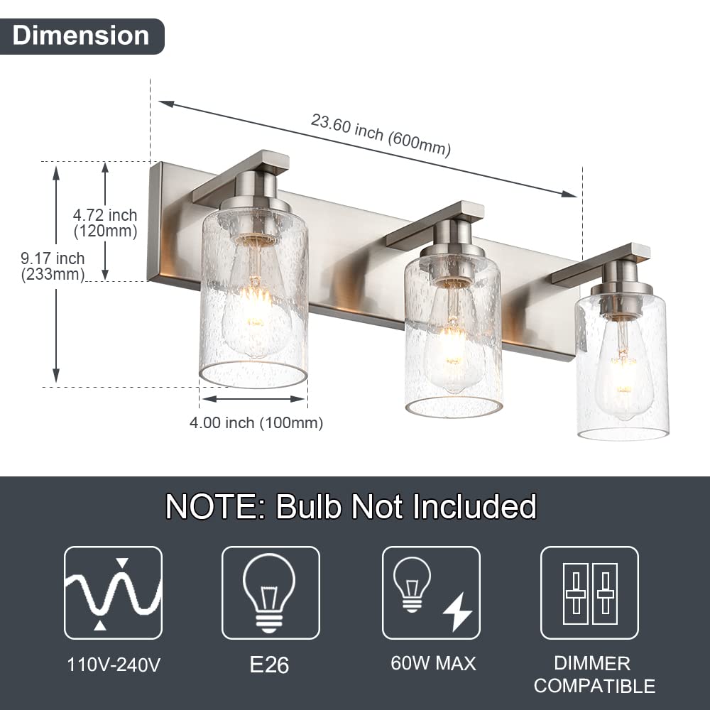 WINSHEN Bathroom Vanity Light, 3-Lights Metal Wall Fixture, Brushed Nickel, 23.6-Inches, Model SG-501-3L-SN, Seeded Glass Shades