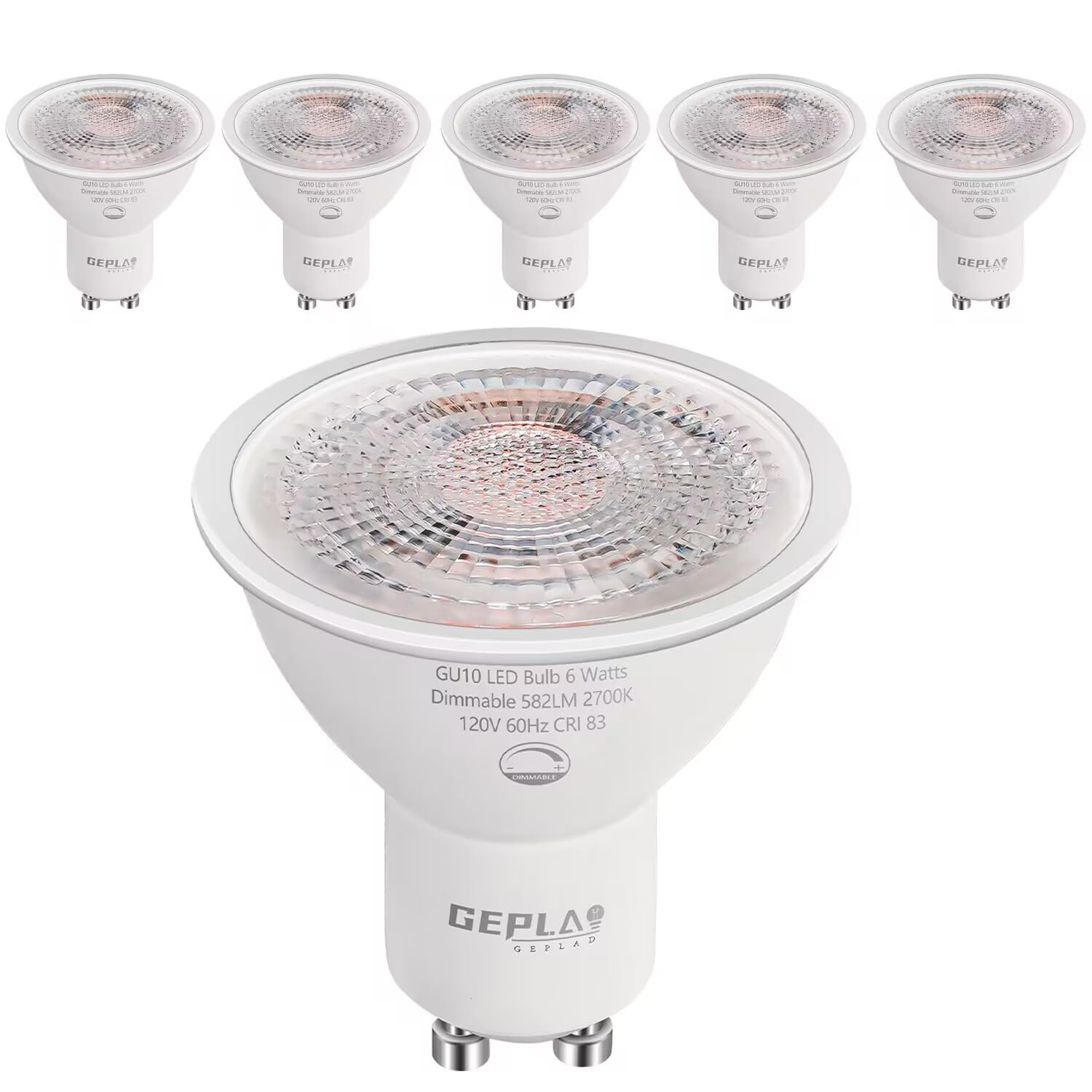 Geplad 6 Pack Gu10 Led Bulb Dimmable 6W, 582Lm, 2700K Warm White, Halogen Replacement, 38° Spotlight
