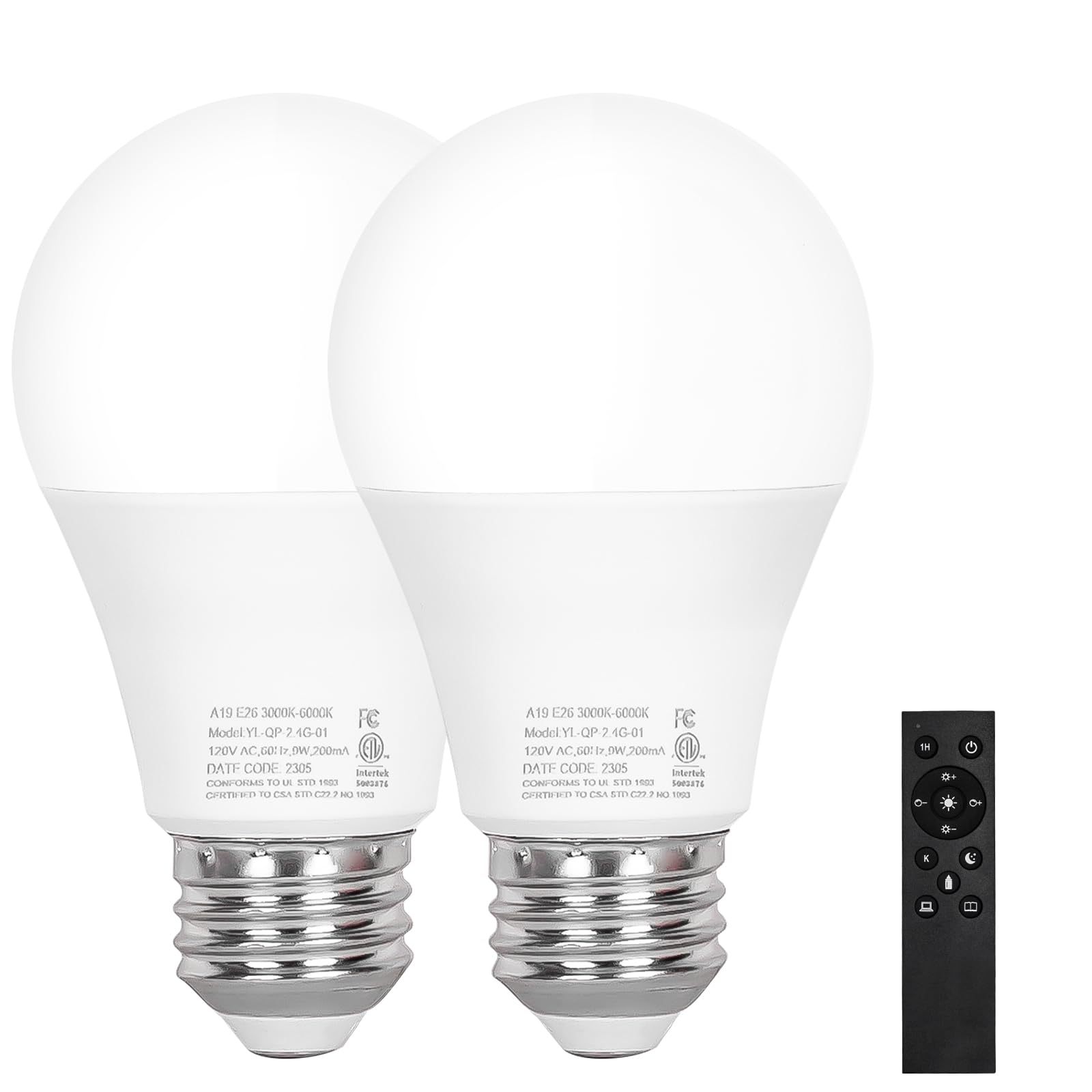 Brilvibera A19 Led Light 2 Bulbs With 1 Remote Control, 9W Led Bulbs, E26 Base, 805 Lm, Dimmable Stepless 2700K-6000K, 25000 Hou
