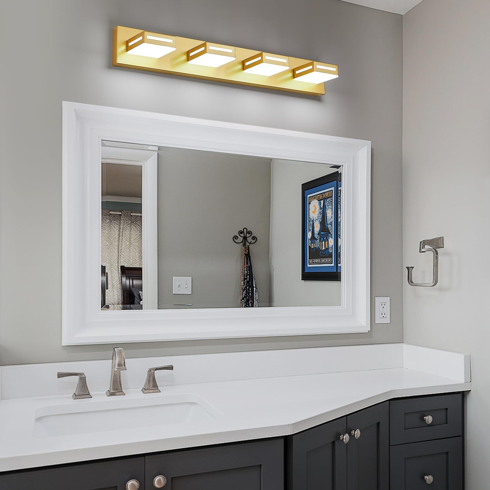 Donrao 30-Inch 4-Light LED Bathroom Vanity Light Fixture, Gold, Metal, Model DY2409200004, Cool White 6000K Lighting for Bath