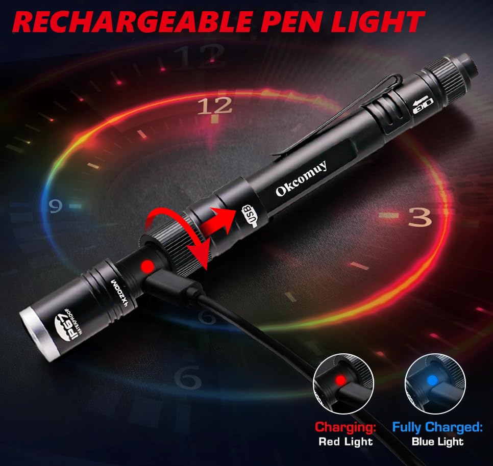 Okcomuy Rechargeable Pen Light Flashlight Ip67 Waterproof With Pocket Clip 4-Zoomable, Prefect Pocket Flashlight For Inspection,