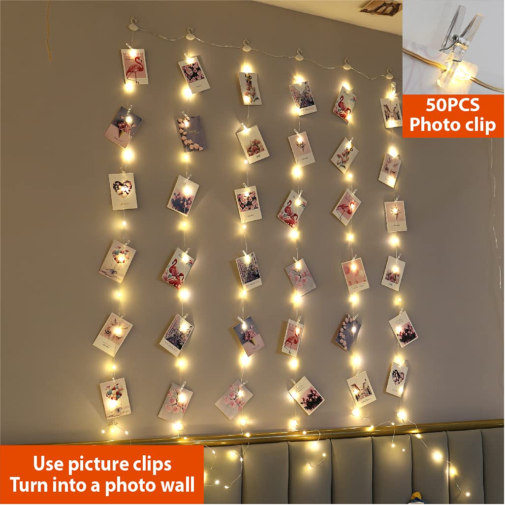 ZSJWL Short Curtain Lights, 96 LED Warm White, 3.3×5ft, Copper Wire, Remote Control, 8 Modes, Photo Clips for Bedroom & Party