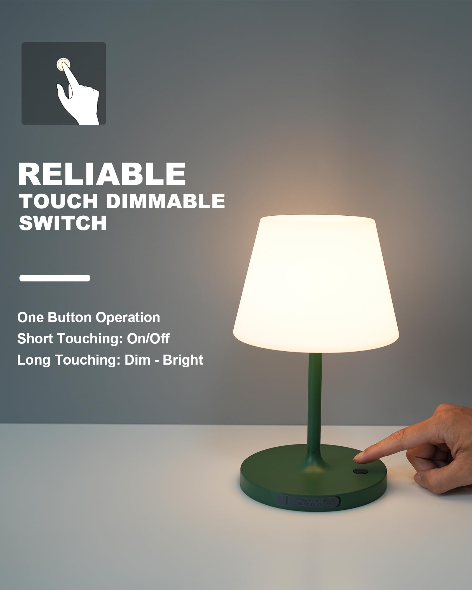 WEILAILUX Outdoor Cordless Table Lamp, Waterproof, 4000mAh, Touch Dimmable, 9.6in, Green, Model WL-3669