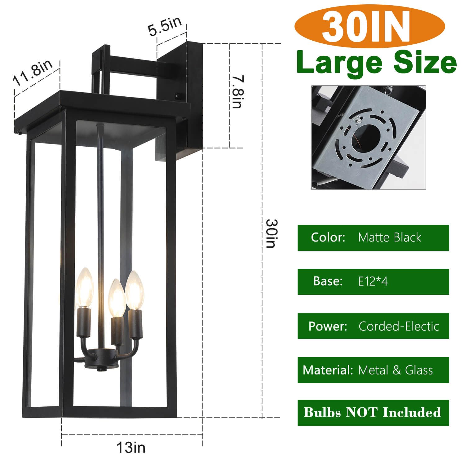 Tewei 30In Large Size Square Outdoor Wall Lantern, Modern Black Outdoor Light For House Waterproof Porch Lights Outdoor Wall Sco