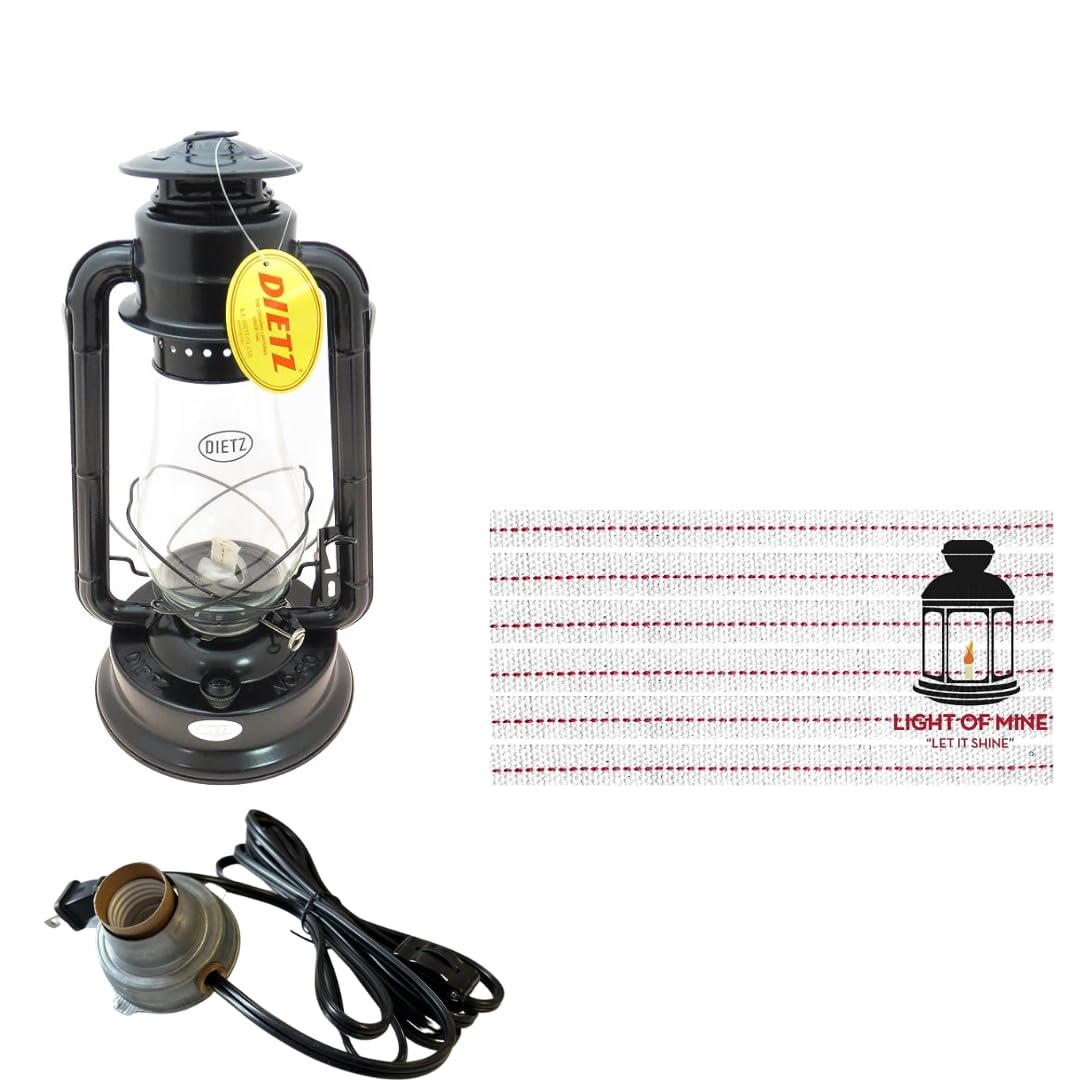 Light of Mine - Dietz #80 Blizzard Oil Lantern with 7/8 Replacement Wick Strips (Black with Electric Conversion Kit)