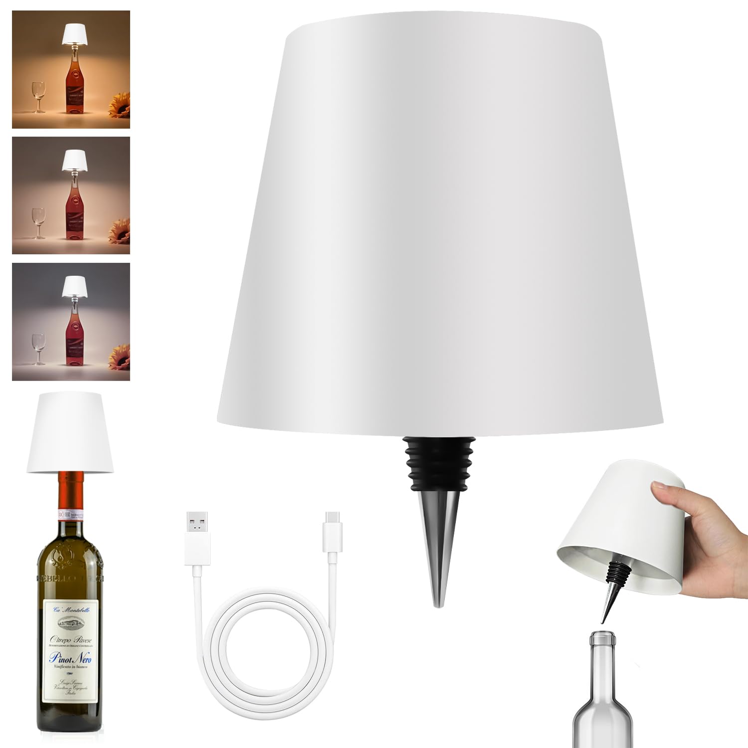 Hoide Wireless Bottle Lamp - LED Touch-Dimmable Night Light Kit, 5.7in, White, Plastic