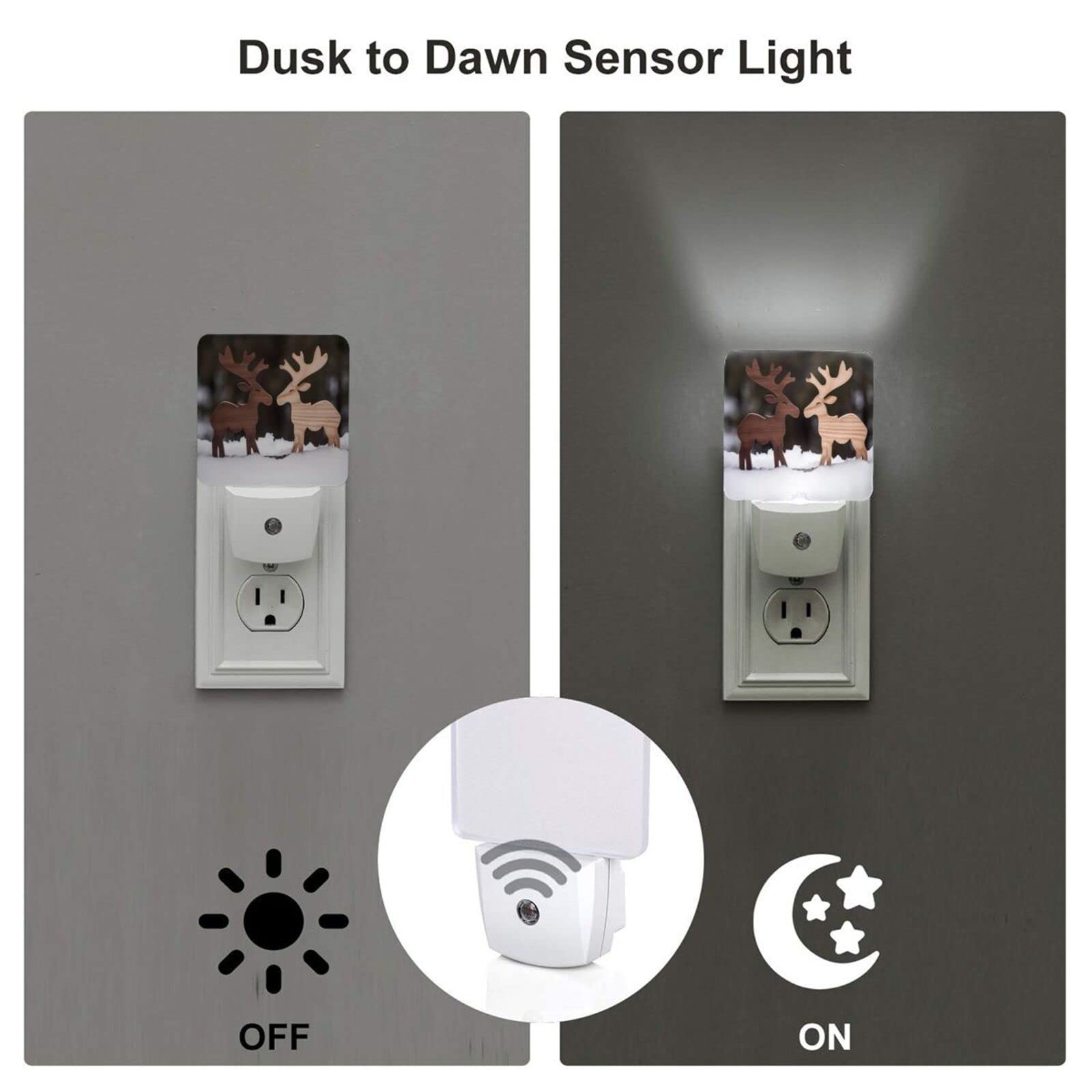 Aieefun Set Of 2 Led Night Lights, Christmas Decoration Timber Moose Couple On White Snow Auto Dusk-To-Dawn Sensor Night Lamp Pl