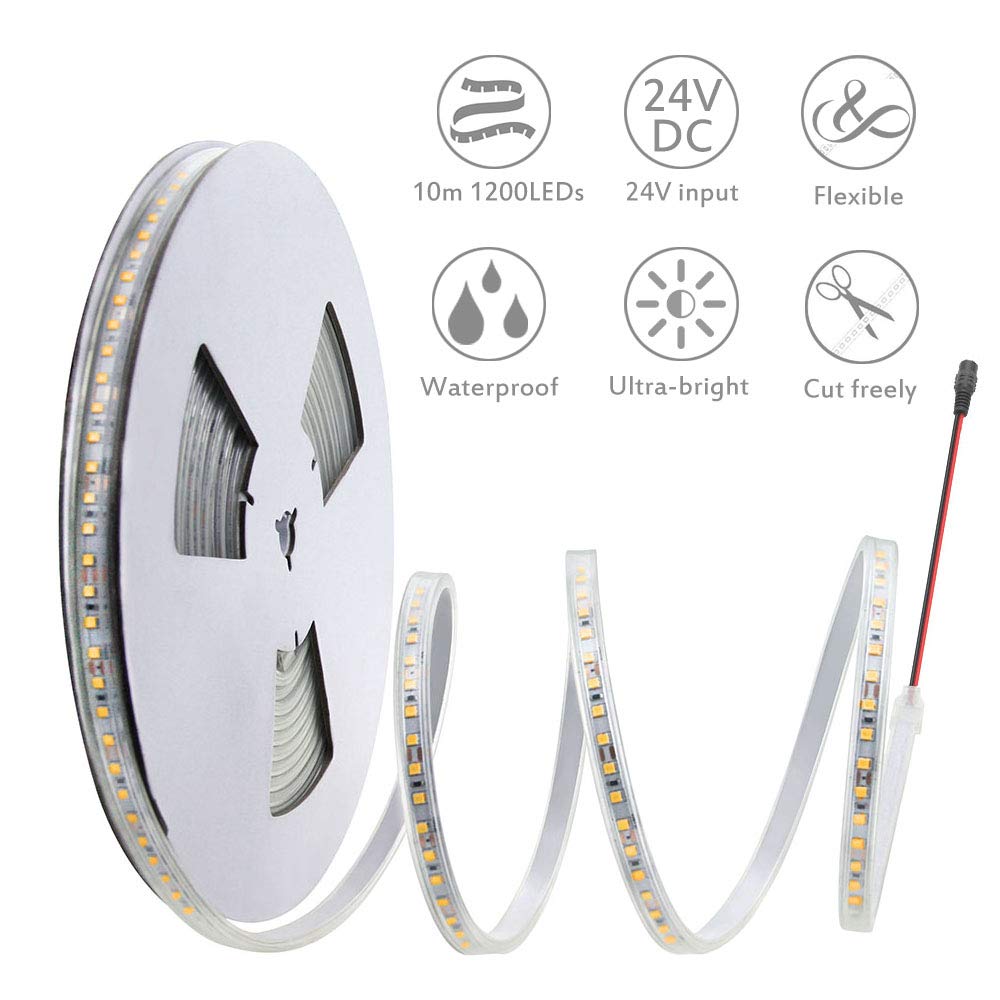 Alitove Led Strip Lights Warm White Waterproof 32.8Ft 1200 Leds 2835 Smd 24V Dc 3500K Outdoor Led Flexible Ribbon For Kitchen Be