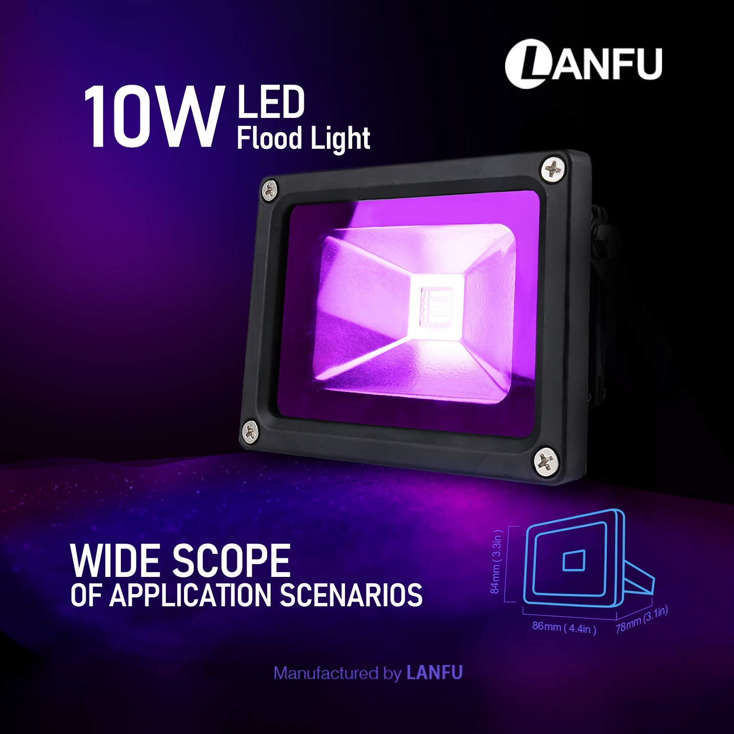 LANFU LED Black Light Flood Light, 10W, IP65, 2 Pack, Black, for Parties, Neon Glow, Aquarium, Night Clubs