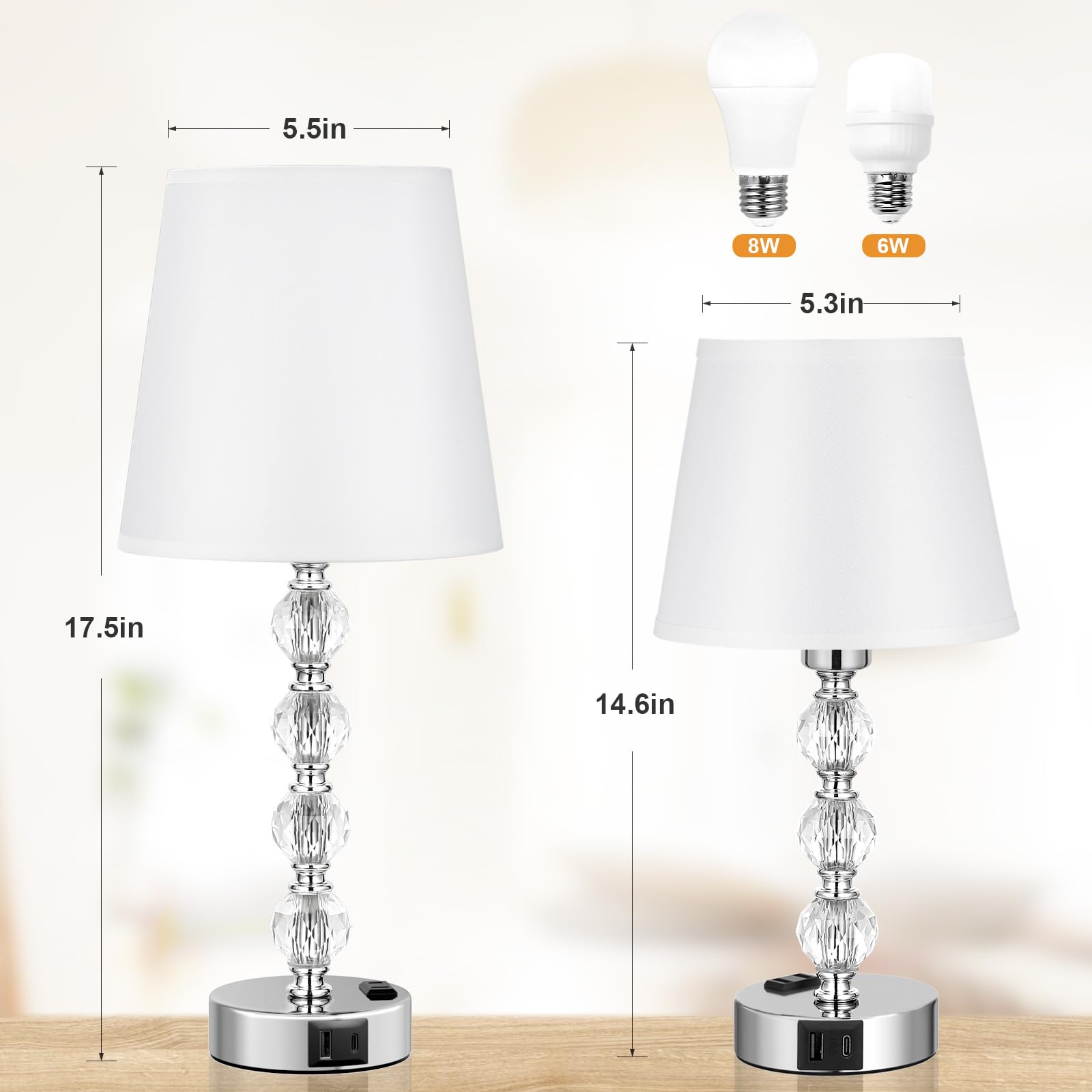 Bedside Lamps For Bedrooms Set Of 2 Nightstand - Large Crystal Table Lamps With Usb C Charging Ports And Ac Outlet, 3 Way Dimmab
