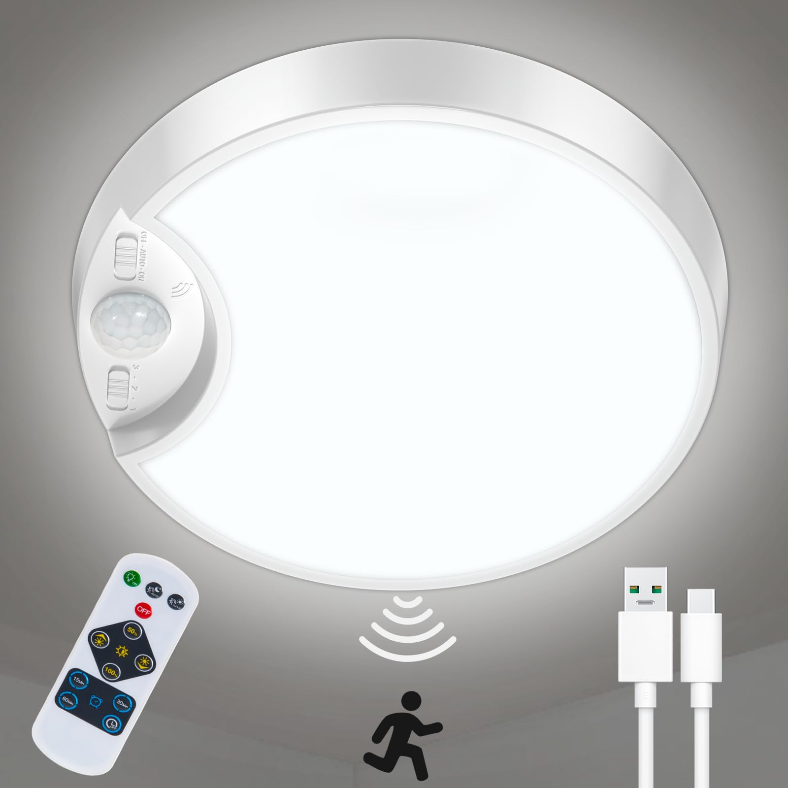 DEEPLITE Motion Sensor Ceiling Light, Rechargeable, 5500K, 8000mAh, 7.8in, White, Model CL-01, Wireless for Closet, Bathroom,