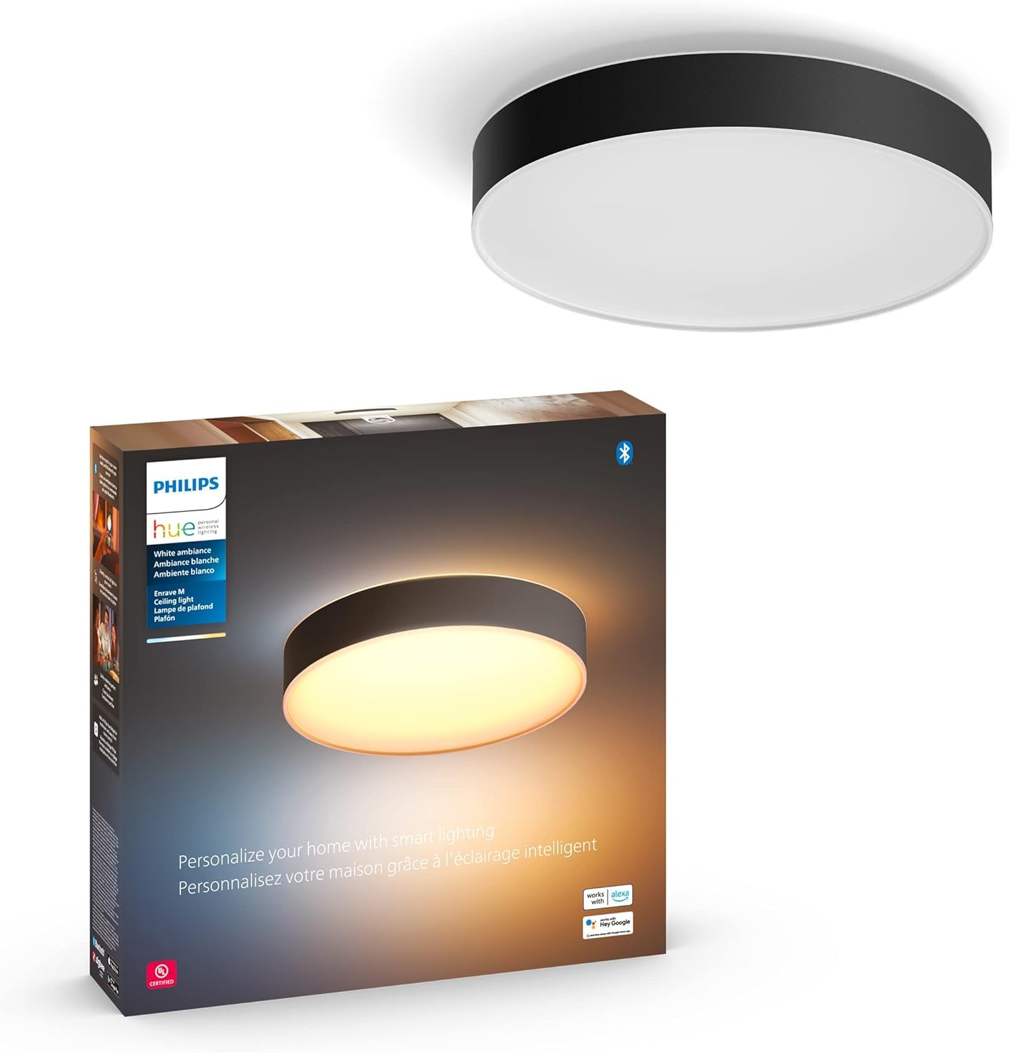 Philips Hue Enrave Medium Ceiling Lamp, Black -White Ambiance Warm-To-Cool White Smart Led Light - 1 Pack - Control With Hue App