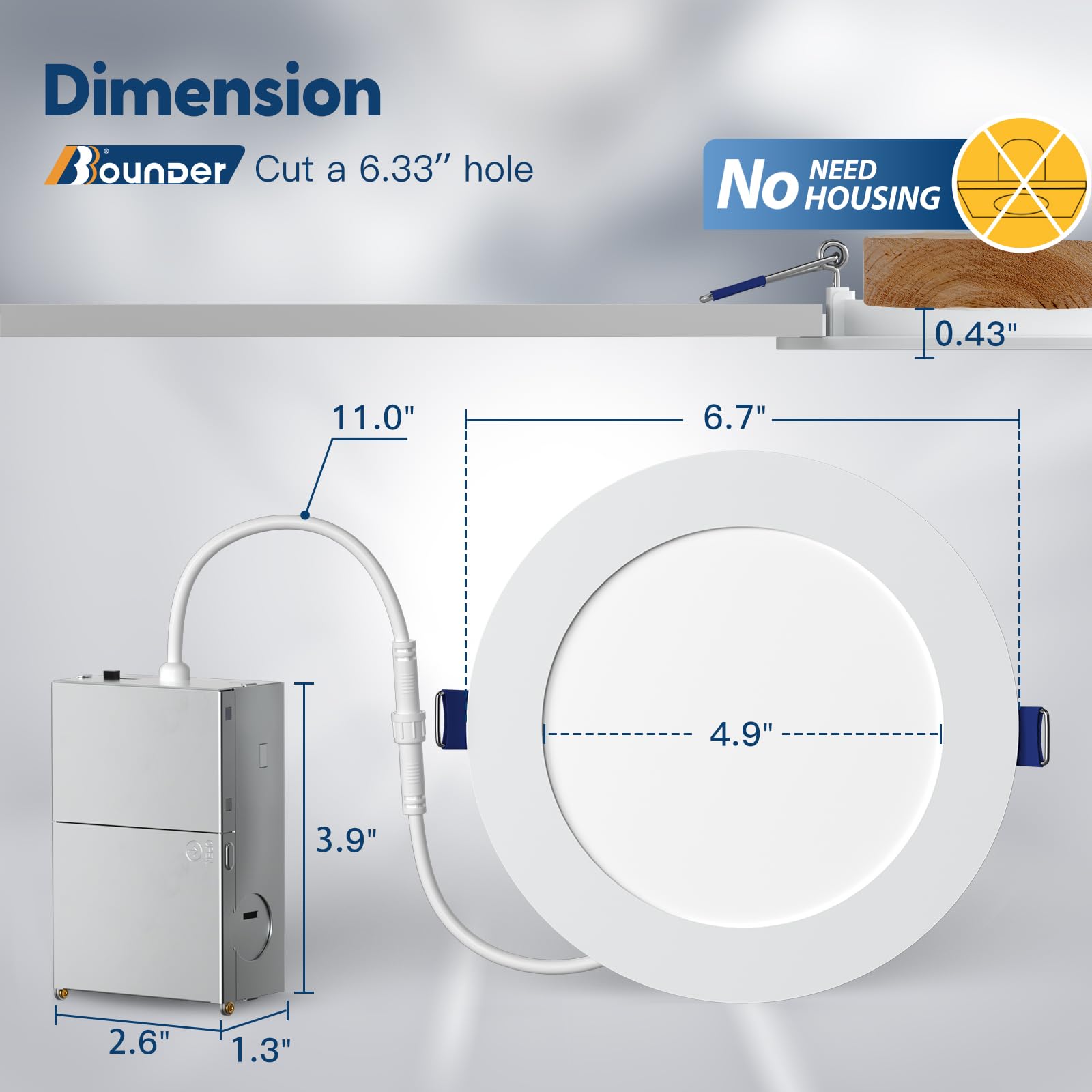 BBOUNDER 6 Inch Ultra-Thin LED Recessed Ceiling Light, 5CCT Dimmable, 12W Eqv 110W, Metal, 1050LM, Model