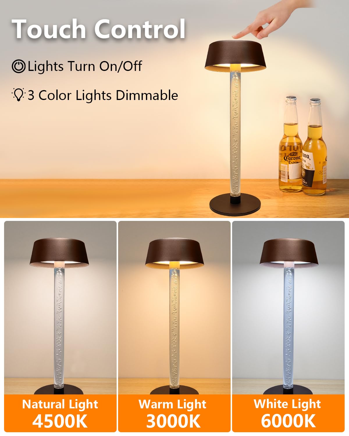 Snotme Cordless Table Lamps Set of 2, Gold Brown, Metal, 5000mAh Battery, 3 Color Stepless Dimming, Model SD-89