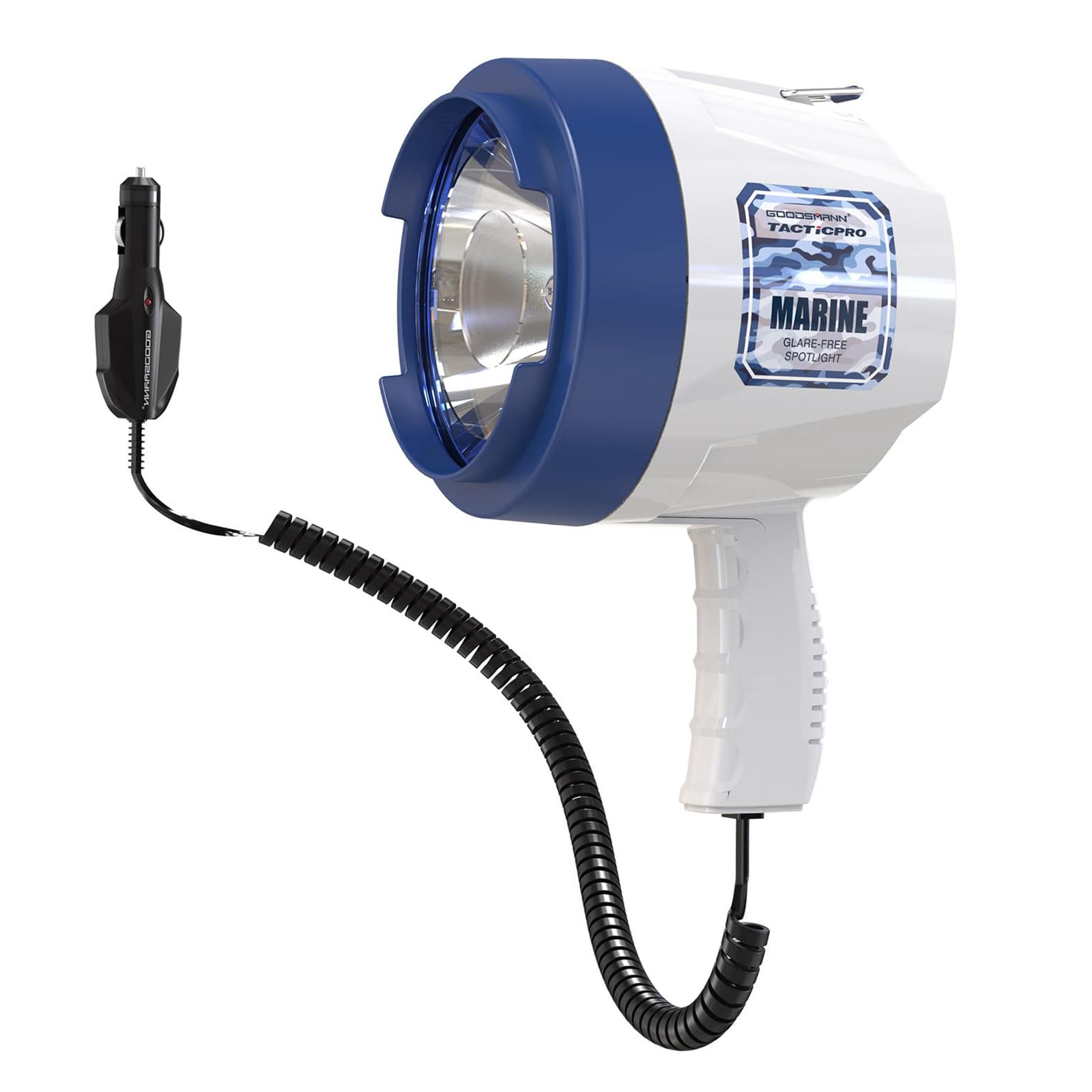 GOODSMANN Spotlight Outdoor Handheld 12V 1400 Lumen Halogen Floodlight, Blue & White, Model 9924-H202-01