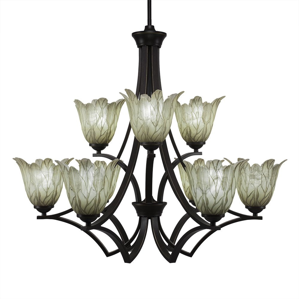 Toltec Lighting 569-DG-1025 Zilo 9 Light Chandelier Shown with 7&quot; Vanilla Leaf Glass, 28.25&quot; x 28.25&quot; x 27.75&quot;, Dark Granite