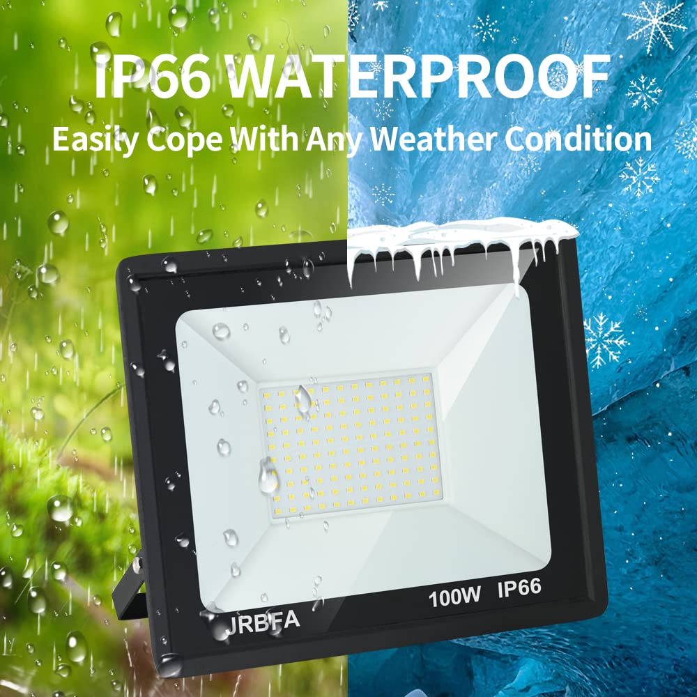 Jrbfa 2 Pack 100W Led Flood Lights Outdoor, 10000Lm Led Work Light With Plug, 6500K Daylight White, Ip66 Waterproof Exterior Outside Floodlights For Backyard, Garage, Garden, Lawn